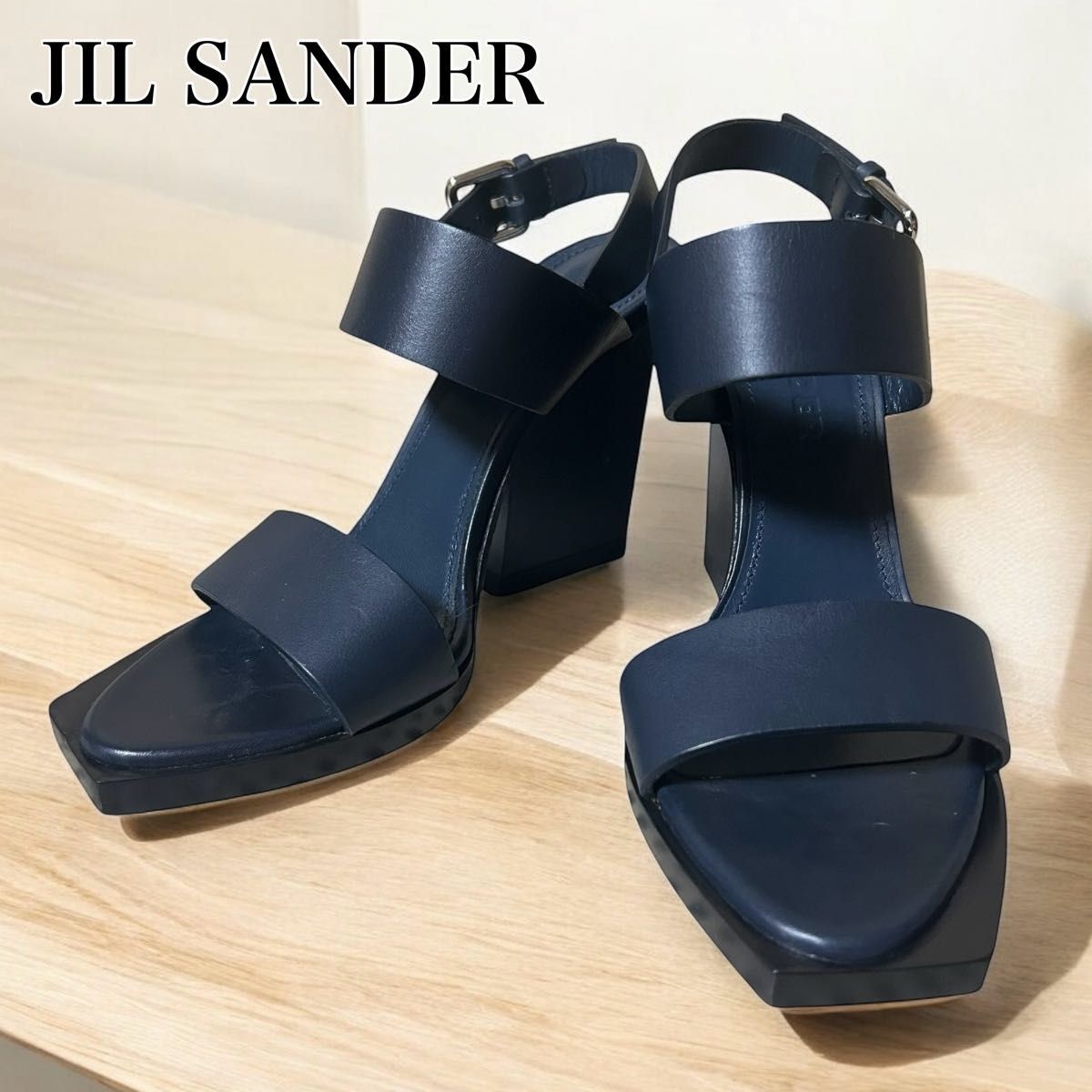ジルサンダー JIL SANDER サンダル アンクルストラップ 23.5cm位 ネイビー 紺 レディース レザー ヒール拍卖