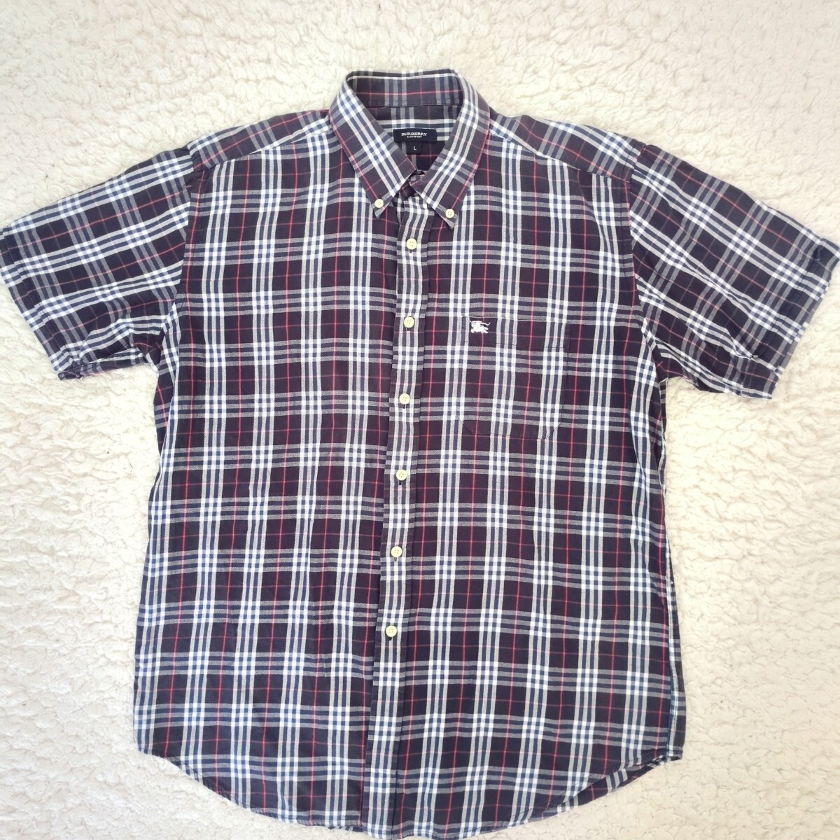 美品 バーバリー ロンドン BURBERRY LONDON BDシャツノバチェックシャツ 半袖 紺ネイビー系 ホースロゴ刺繍 メンズ Lサイズ拍卖