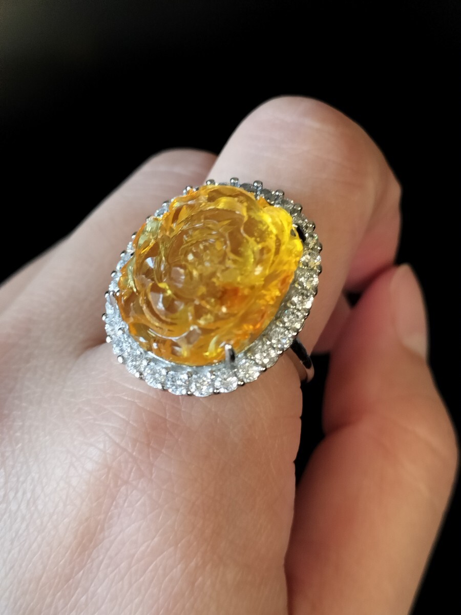 天然琥珀 アンバー 薔薇彫刻 花 金色 金運 リング 指輪 フリーサイズ拍卖