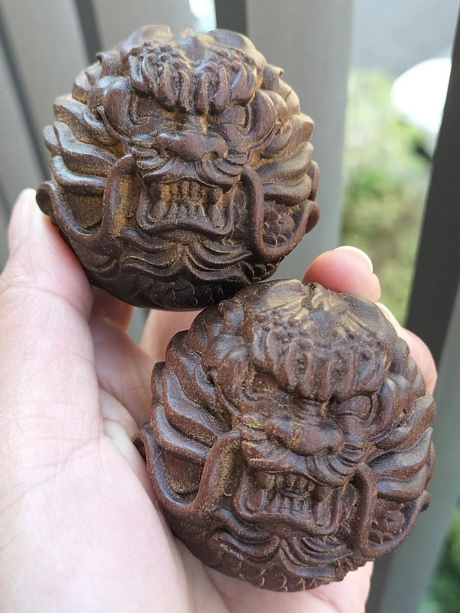 高級沈香木 天然木 龍 精彫刻 保健手転球 健身球 脳活グッズ マッサージボール2点拍卖