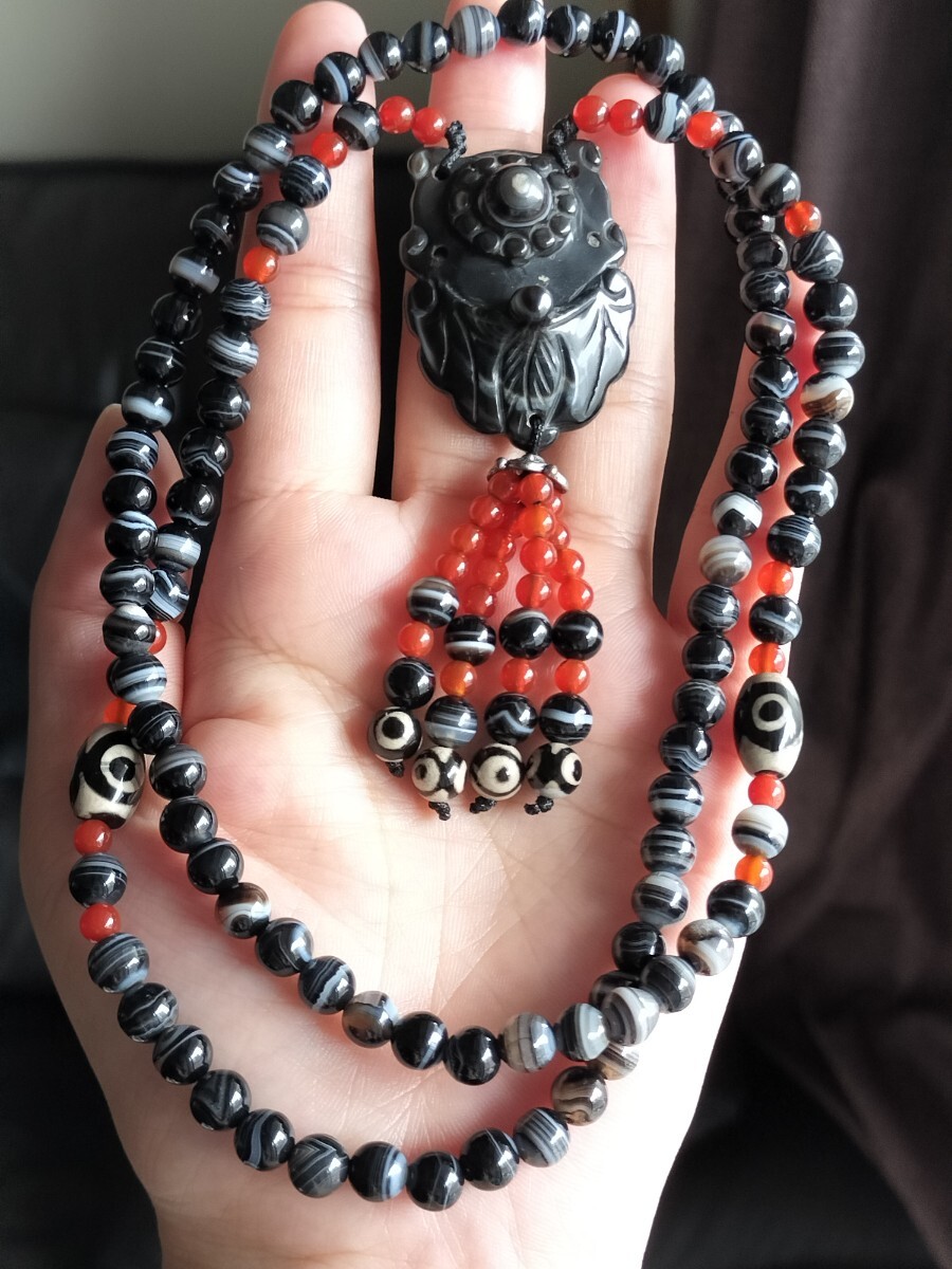 メノウ 天然黒+紅瑪瑙 天眼 ディザインネックレス 6mm拍卖