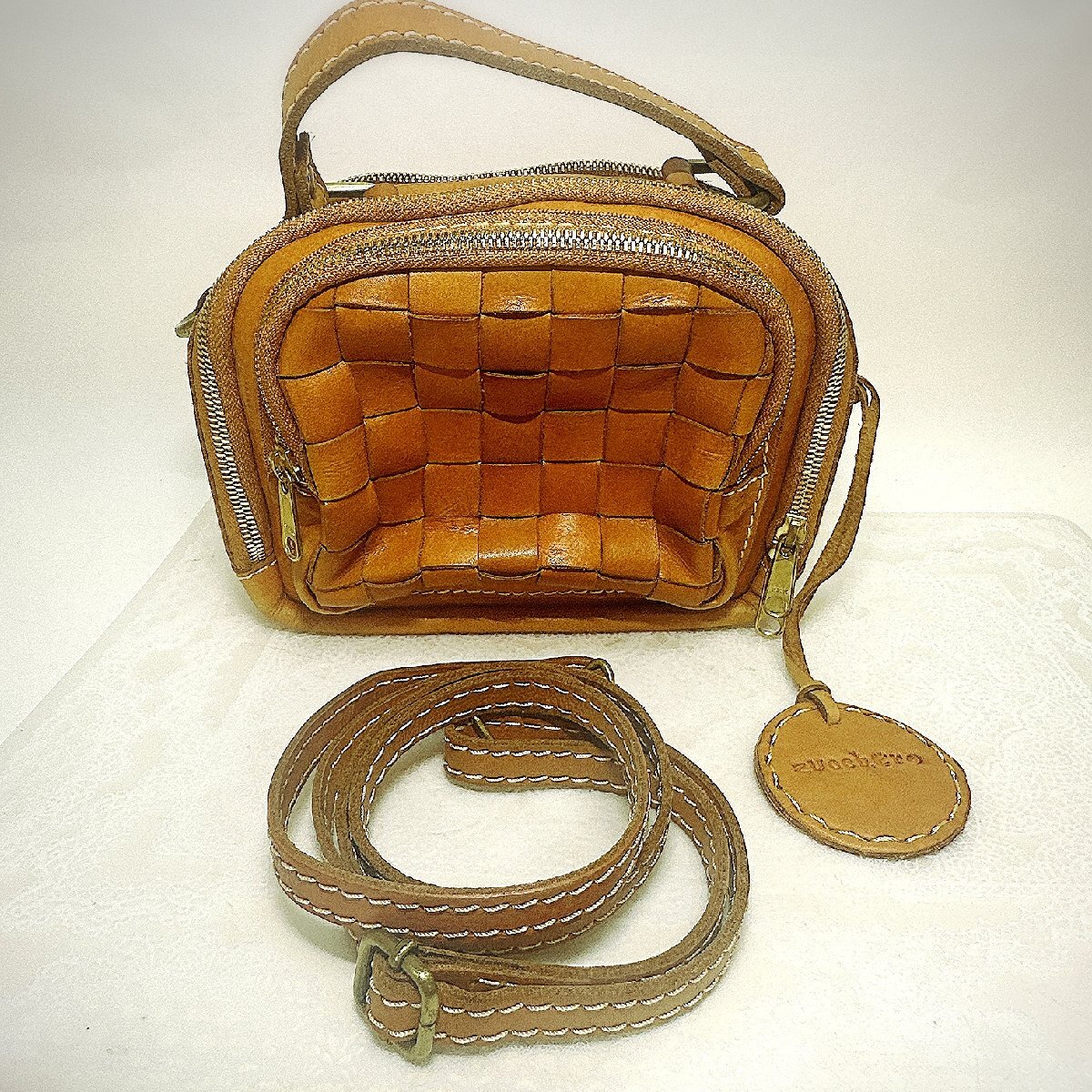 【CH/中古品/TO】ズッケロフィラート 本革 メッシュ編み 2WAY ショルダーバッグ 斜め掛け キャメル IM0828/0003拍卖