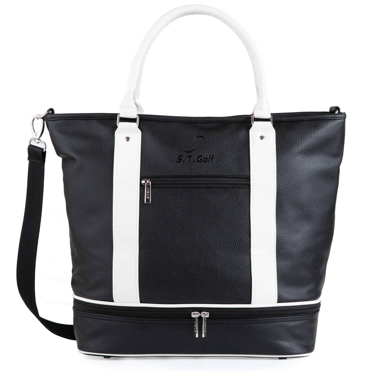 ゴルフ トートバッグ メンズ 高級PUレザー 大容量 シューズ収納可 3WAY 型押しロゴ ショルダーストラップ付属 防水 ブラック拍卖