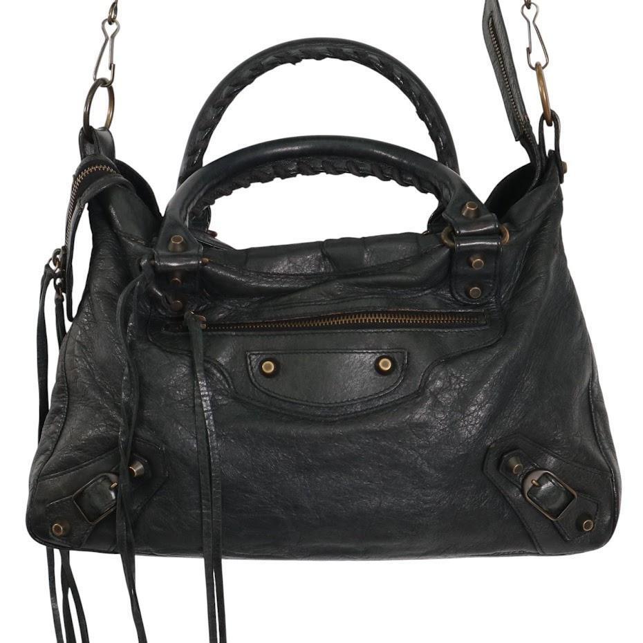 【 y2k】BALENCIAGA バレンシアガ ザシティ ハンドバッグ 手提げ 斜め掛け 2way 黒 レザー ミラー付き スタッズ 金具 人気 一点もの 希少 拍卖