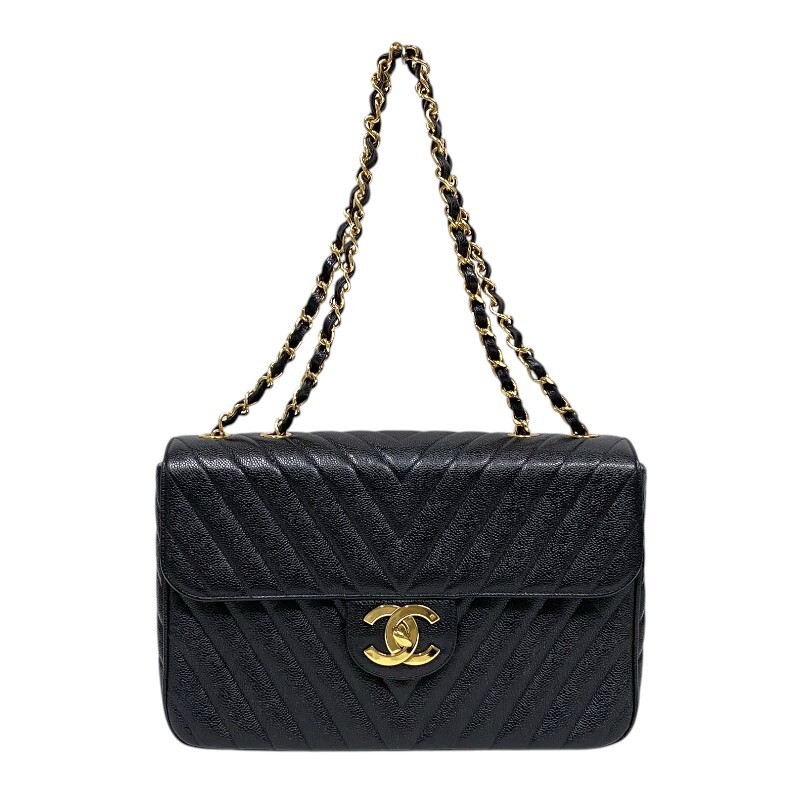 シャネル CHANEL Vステッチ ラージ フラップバッグ ブラック ゴールド金具 キャビアスキン ショルダーバッグ レディース 中古拍卖
