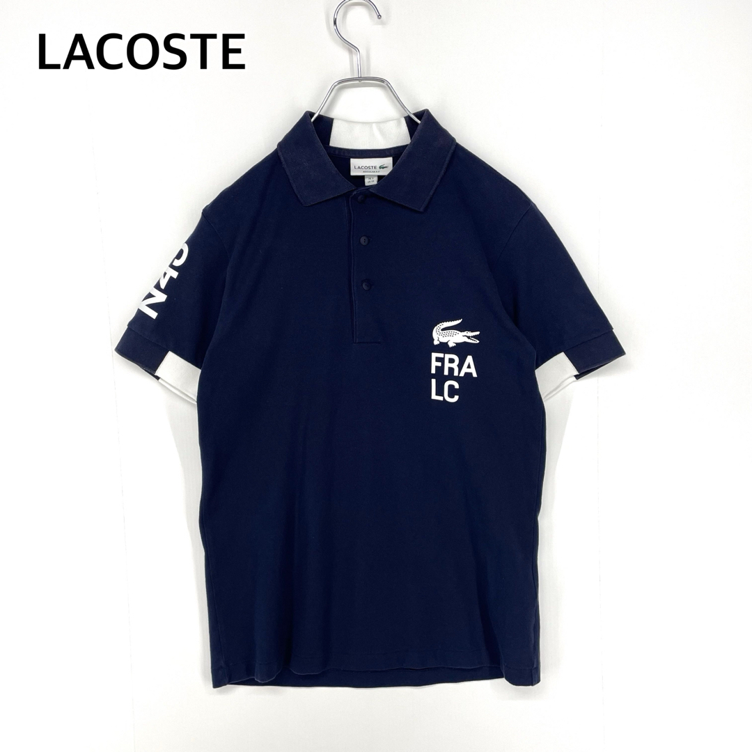 レアデザイン ラコステ 半袖ポロシャツ ワニロゴ プリント 紺 ネイビー US Sサイズ ユニセックス着用可 LACOSTE拍卖