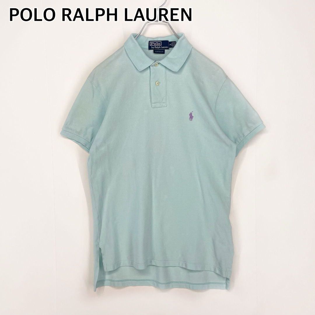 ポロラルフローレン 90s 半袖ポロシャツ ユニセックス 鹿の子素材 ロゴ刺繍 ポニー刺繍 メンズSサイズ ライトブルー POLO RALPH LAUREN拍卖