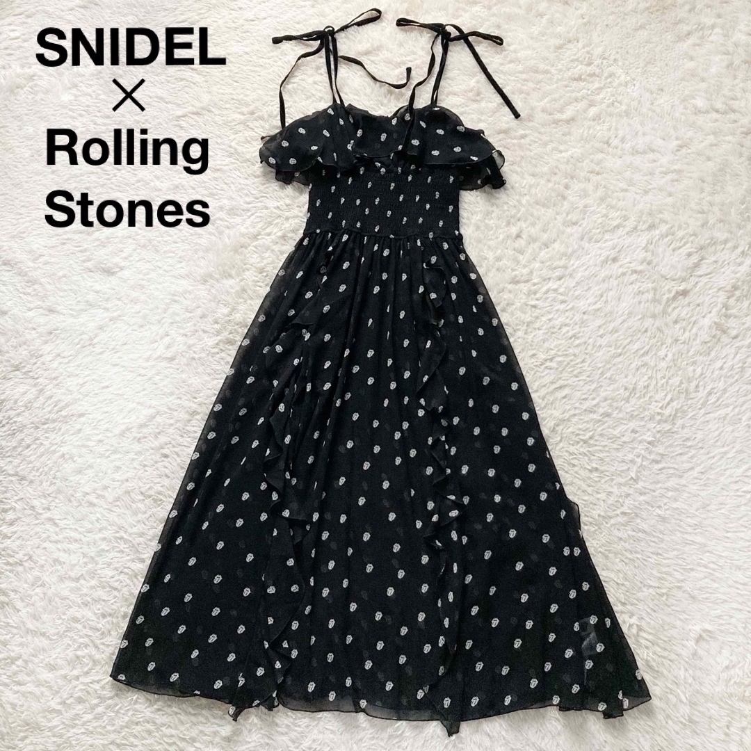 【美品】スナイデル SNIDEL ローリングストーンズ コラボ ロングシフォンワンピース 黒 ブラック 総柄 ロゴプリント Rolling Stones拍卖