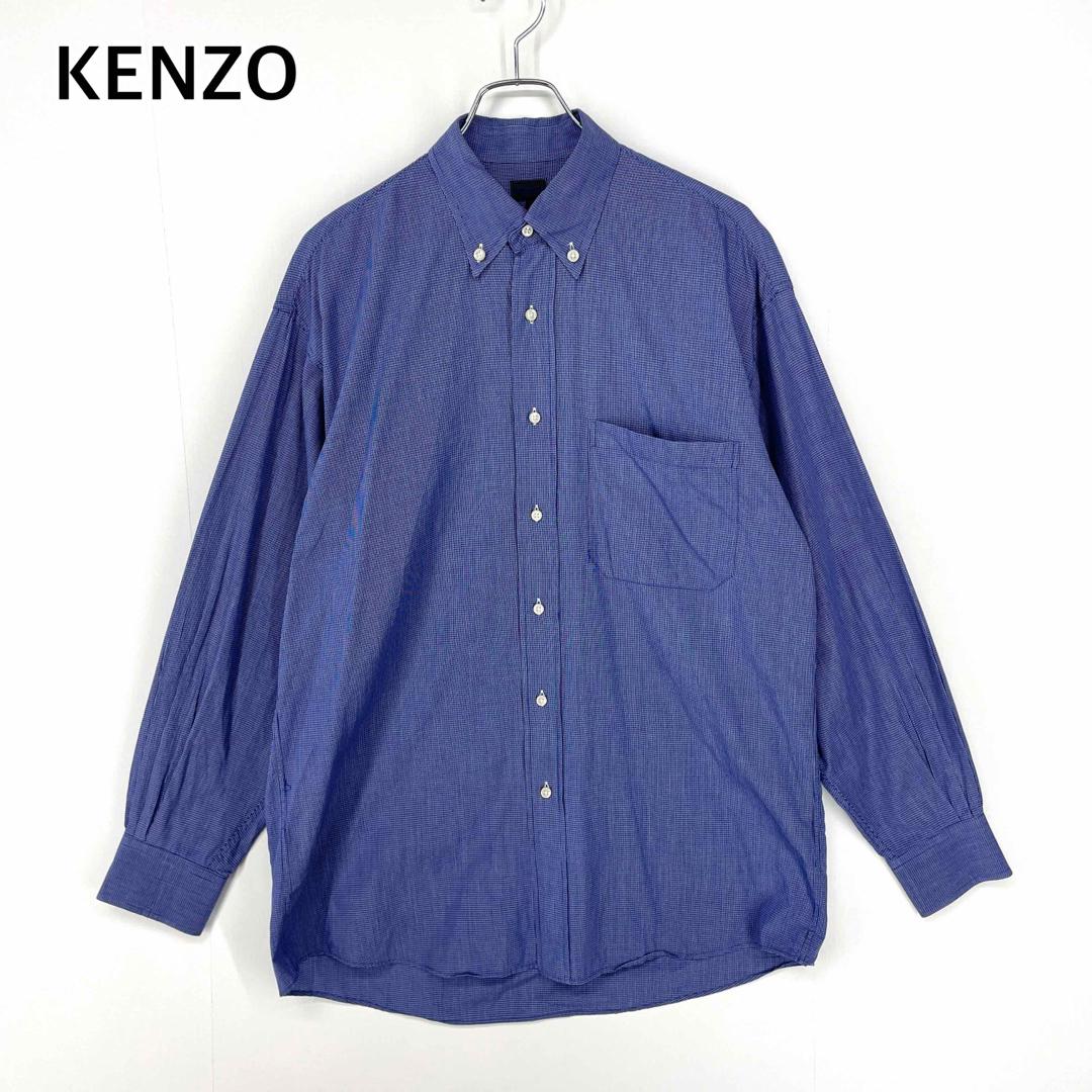 ケンゾー KENZO ボタンダウン 長袖シャツ ロングスリーブ マイクロチェック 青 ブルー メンズ Mサイズ コットン 日本製拍卖