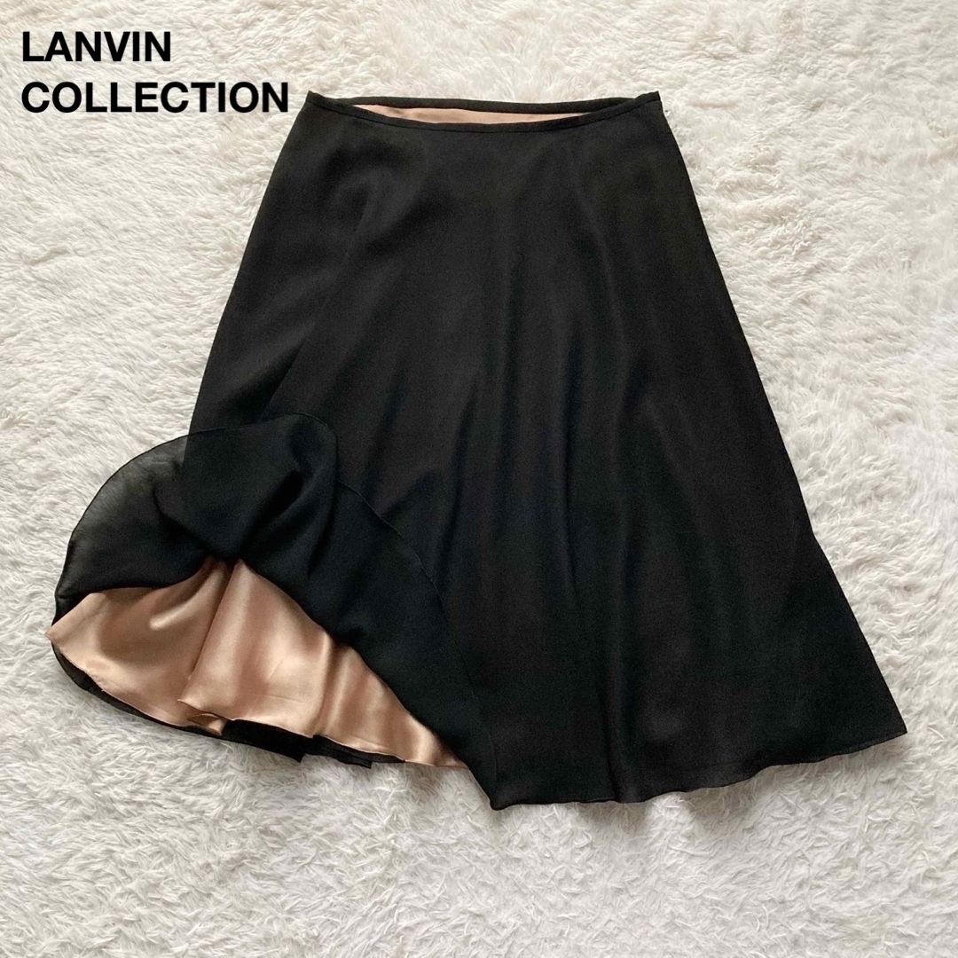 美品 ランバンコレクション LANVIN COLLECTION ロングフレアスカート シフォン 裏地ブロンズ 黒 ブラック 40サイズ拍卖