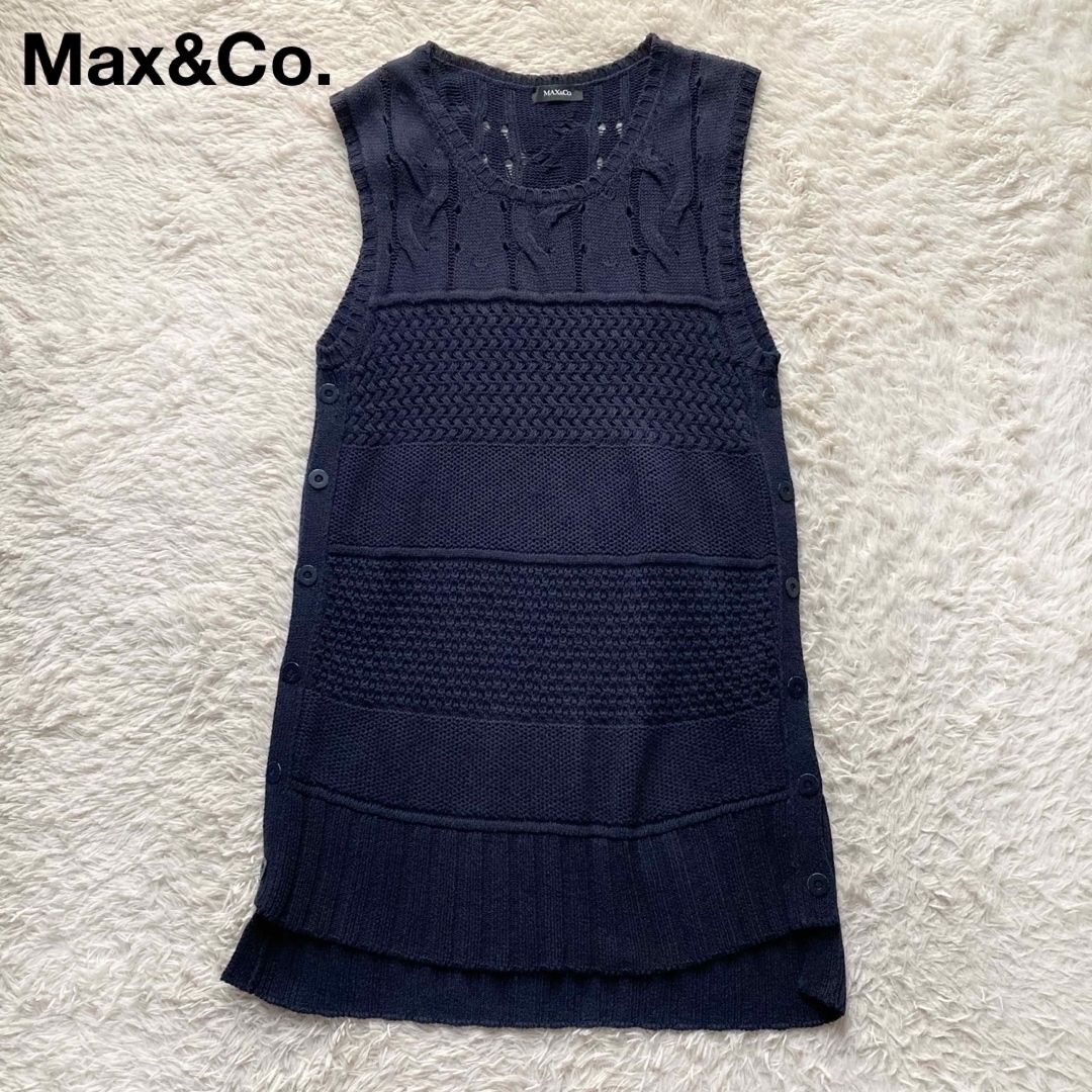 MAX&Co. マックスアンドコー 上品 ケーブル編み デザインニットワンピース コットン ノースリーブ 紺 ネイビー M相当拍卖