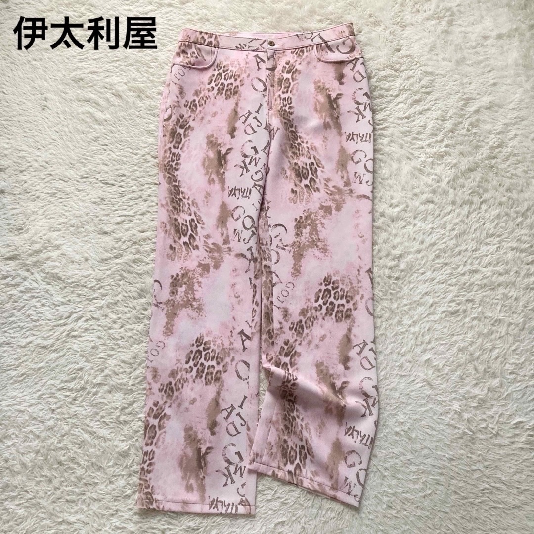 伊太利屋 GK ITALIYA ロゴ入りレオパード柄 総柄パンツ フルレングス ピンク 11号 美品拍卖