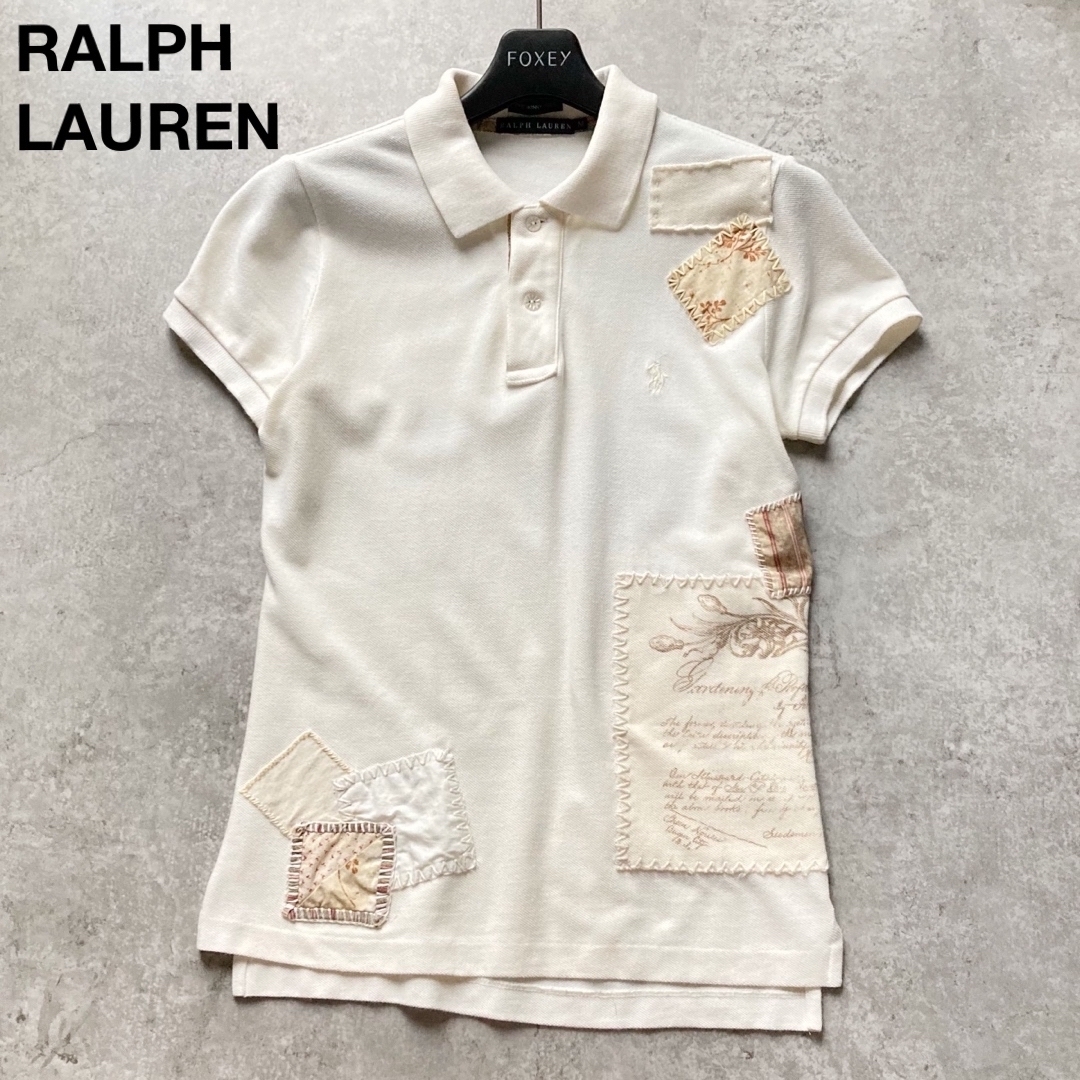希少 ラルフローレン RALPH LAUREN 半袖ポロシャツ パッチワーク 異素材ミックス ポニー刺繍 スキニーポロ アイボリー レディース Mサイズ拍卖