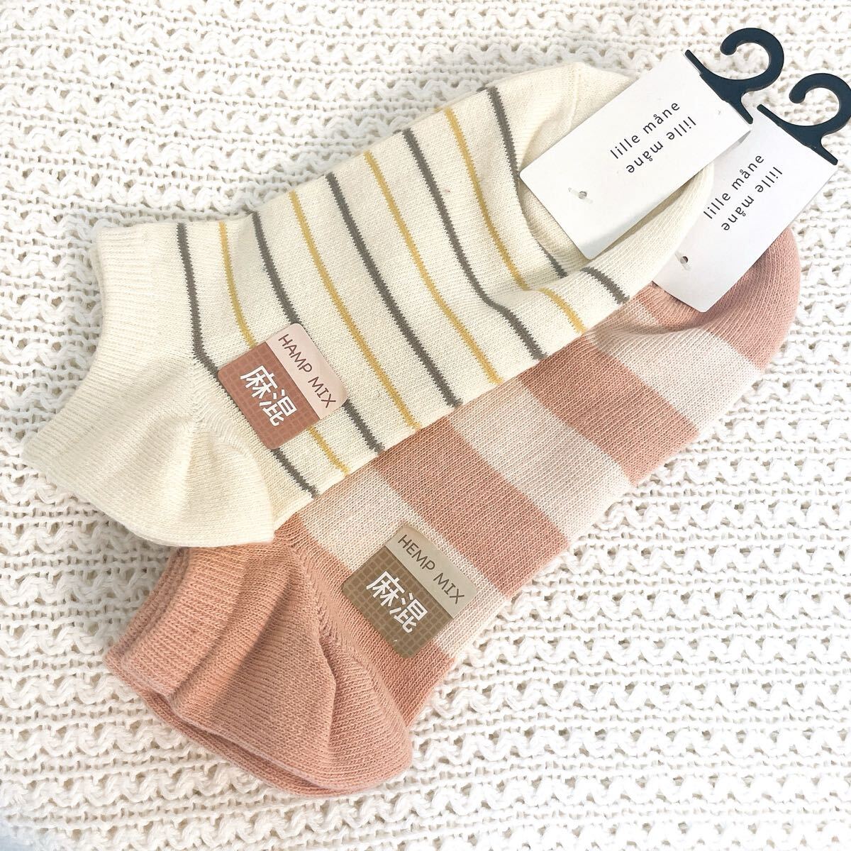 新品オフホワイトlill maneショート ソックス2点セット靴下まとめ売り23cm24cm25cmサーモンピンク白リネン黄色イエロー緑グリーン麻混拍卖