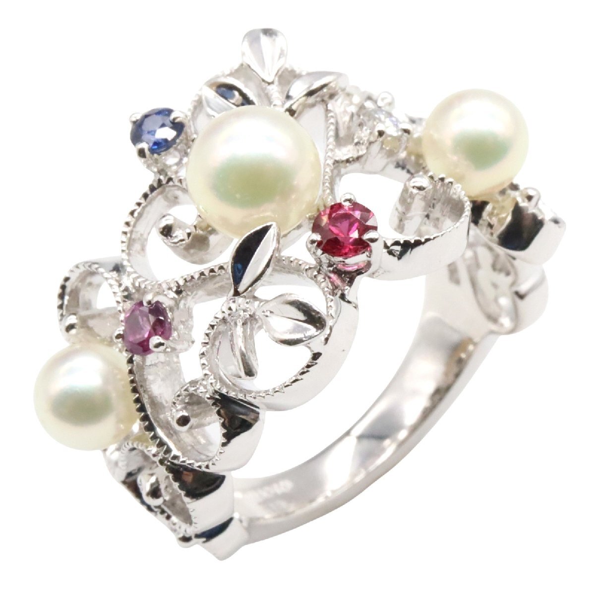 ミキモト パール ダイヤ ルビー サファイア ピンクトルマリン ブランドオフ MIKIMOTO K18WG(ホワイトゴールド拍卖