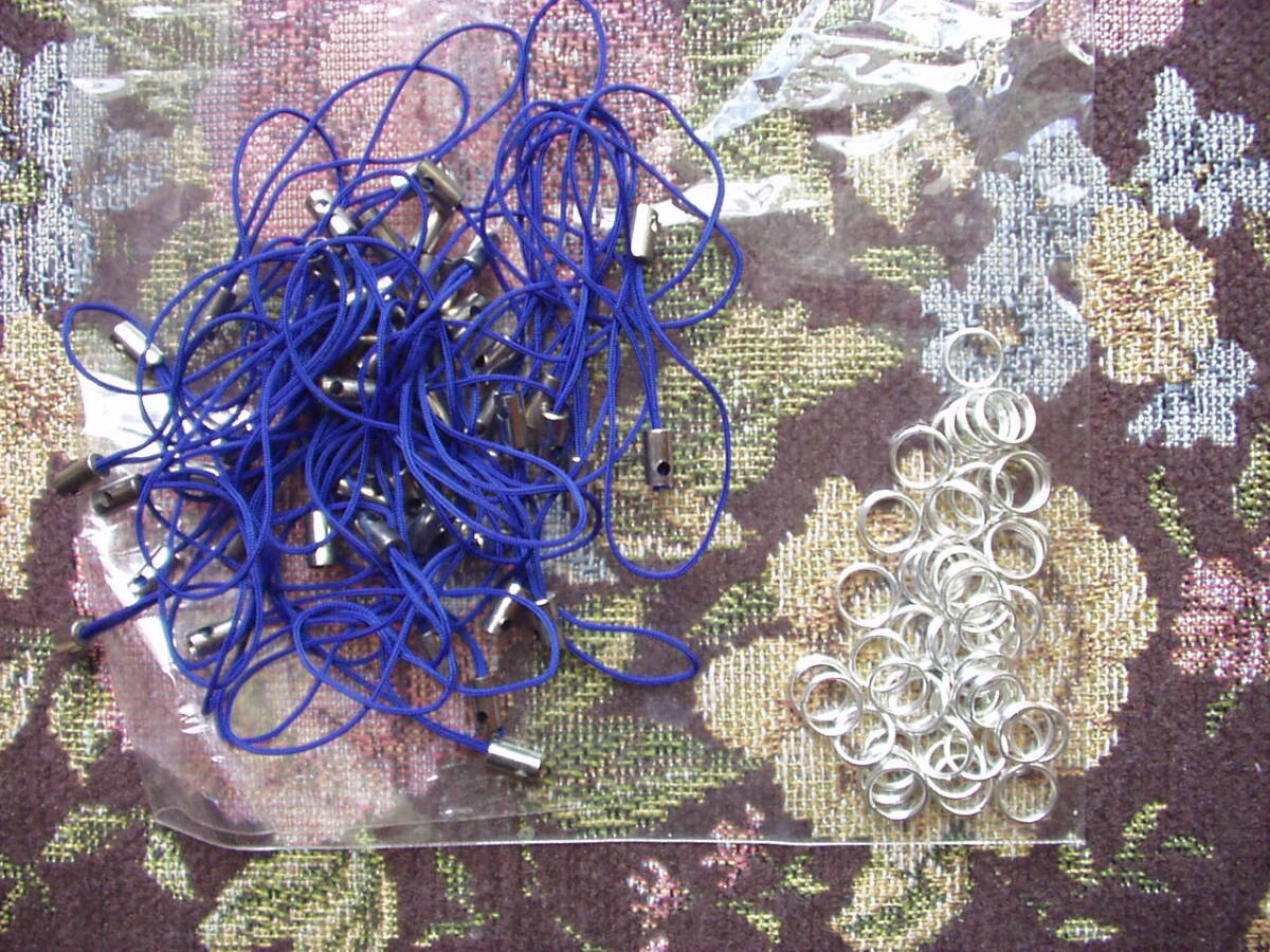 手芸用品 未使用 青 金具シルバー色 ストラップパーツ50本 2重丸カンセット 拍卖