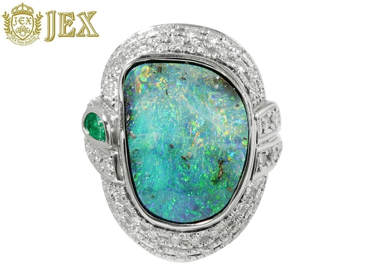 Boulder Opal Pt900ボルダーオパール ダイヤモンド エメラルドリング NO.305191拍卖