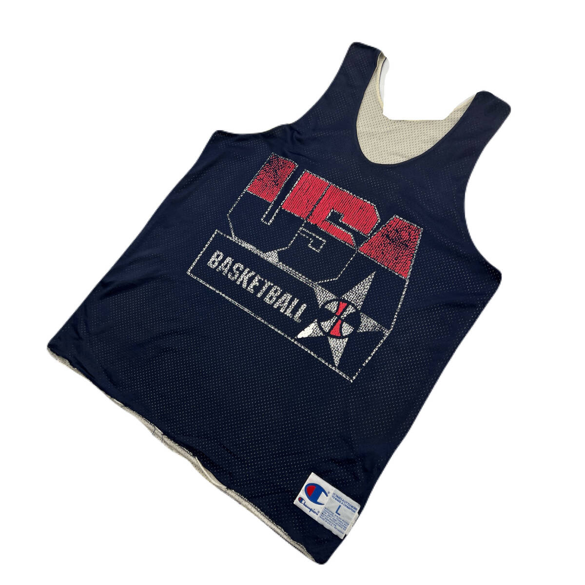 チャンピオン メッシュ タンクトップ アメリカ代表 80s ビンテージ USA ネイビー Lサイズ 【 シャツなどのインナーに 】 ●FD304拍卖