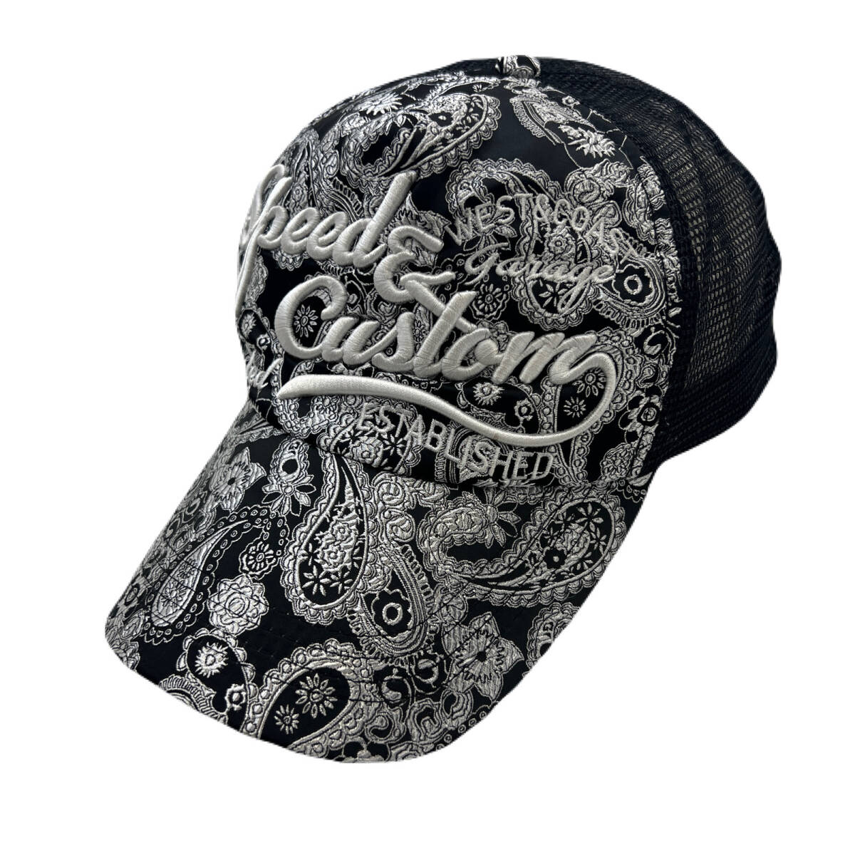 ブラック シルバー スピード&カスタム ド派手 刺繍 メッシュキャップ 帽子 56.5~59.5cm サイズ調整可能 ●FMC183拍卖