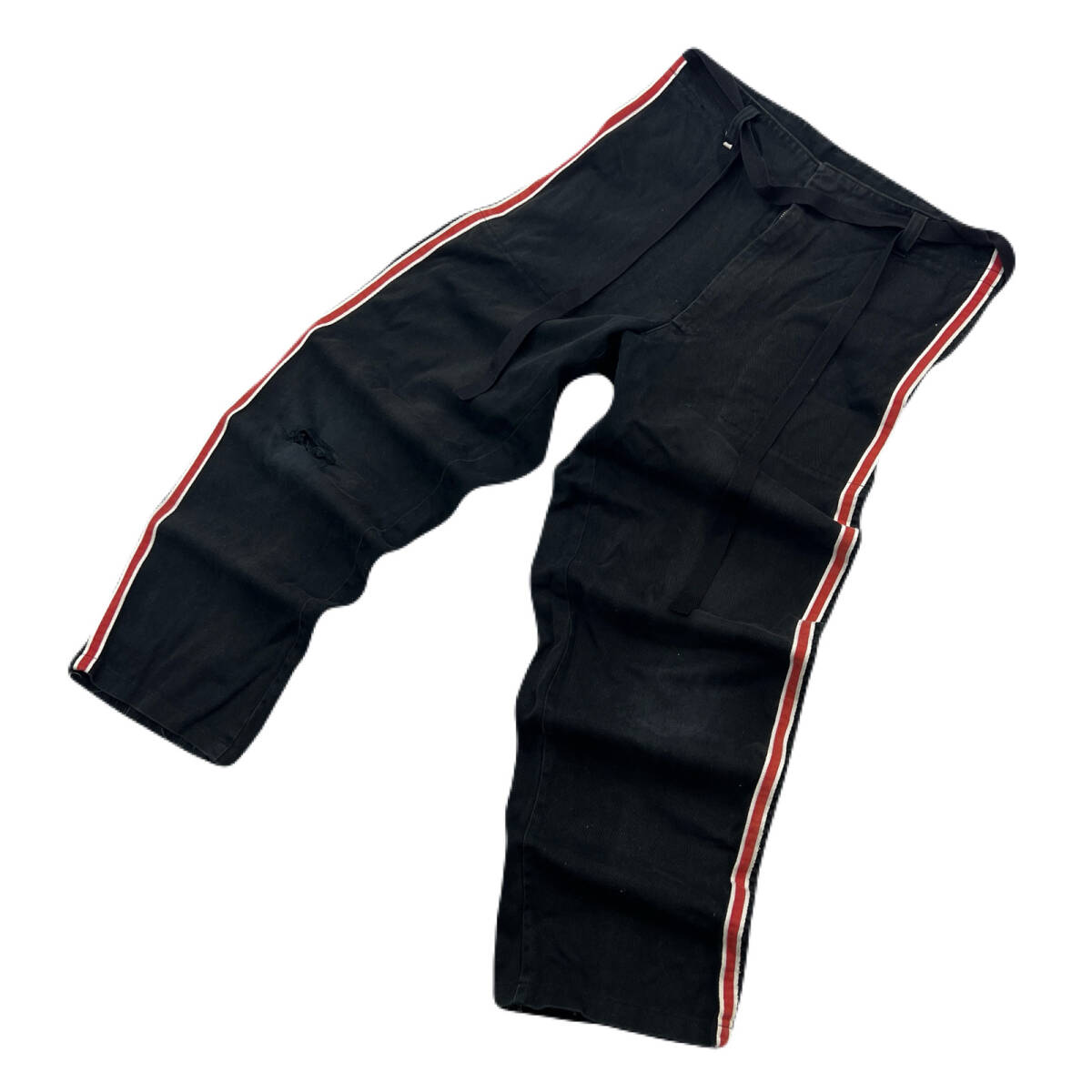 希少 消防団 コットンパンツ ズボン 出初式 右膝ダメージ W80相当 腰紐付き 黒 ブラック ●Ja9001拍卖