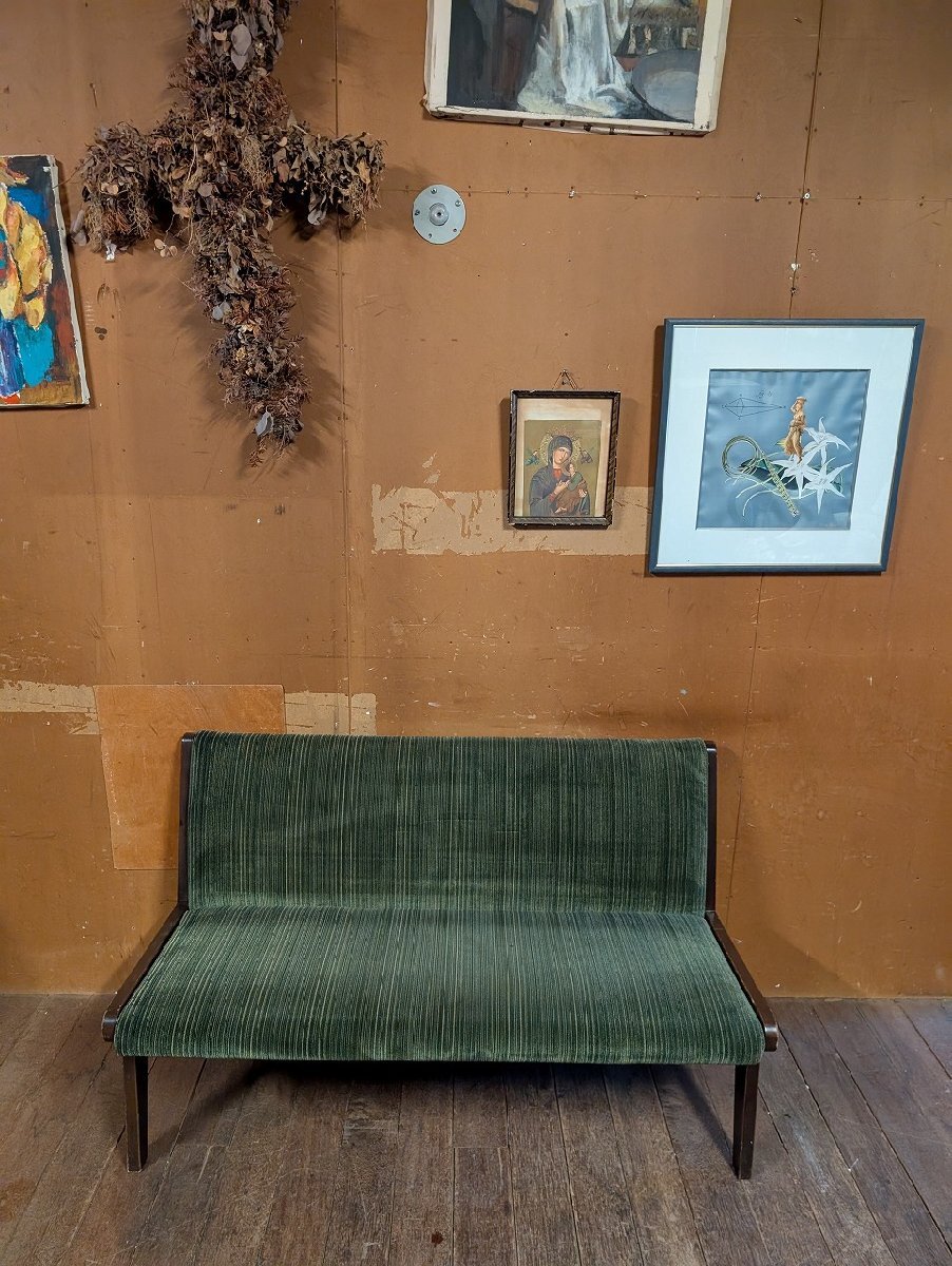 ヴィンテージ 2Pソファ ベンチ ミッドセンチュリー グリーン 緑/アンティーク ビンテージ レトロ 大正浪漫 ジャガード カリモク好きに拍卖