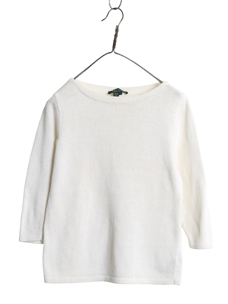 90s ローレン ラルフローレン ボートネック コットン ニット セーター レディース S 古着 オールド ポロ 7分袖 カットソー 無地 シンプル拍卖