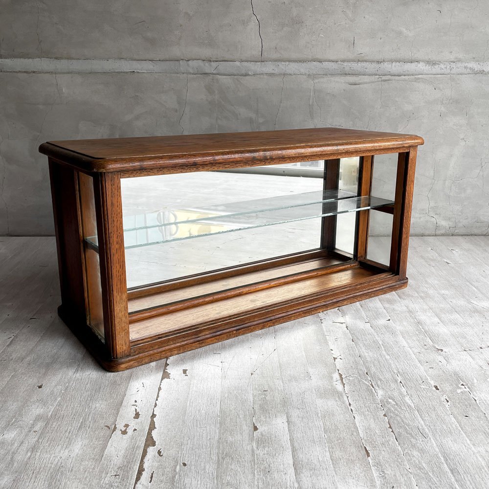 ♪ ジャパンビンテージ Japan Vintage オーク無垢材xガラス ディスプレイラック ミニチェスト 両面仕様 店舗什器拍卖