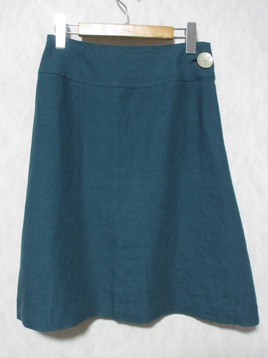 サリースコット Sally Scott シェルボタン リネン100% フレアスカート 64-91 グリーン系 yg7375拍卖