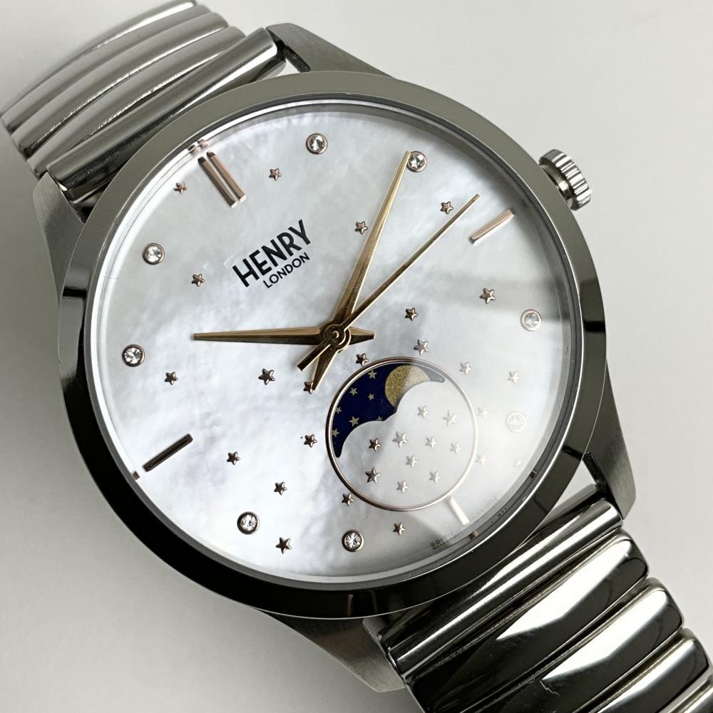ヘンリーロンドン 腕時計 レディース シルバー ムーンフェイズ シェル HENRY LONDON HL35-LS-0327-TS 伸縮ベルト ステンレス 月 星拍卖