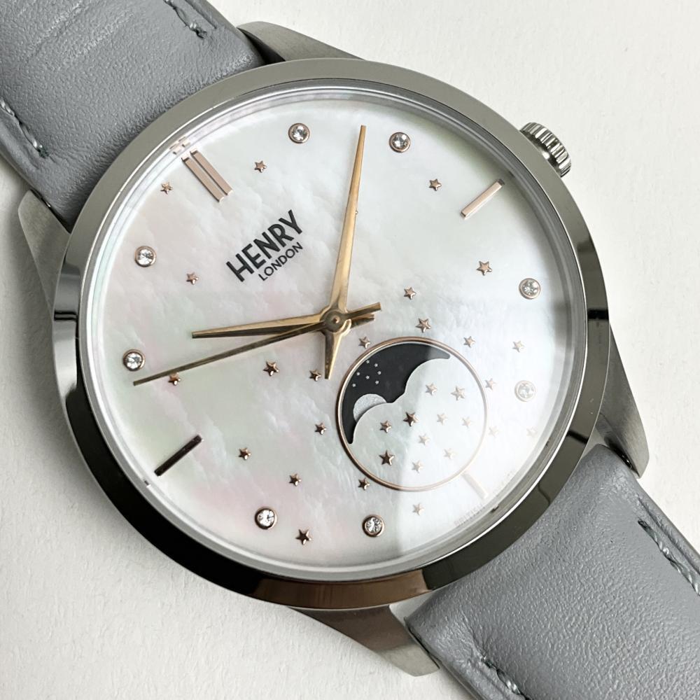 ヘンリーロンドン 腕時計 レディース レザーベルト HENRY LONDON HL35-LS-0327 ムーンフェイズ マザー・オブ・パール シェル グレーブルー拍卖