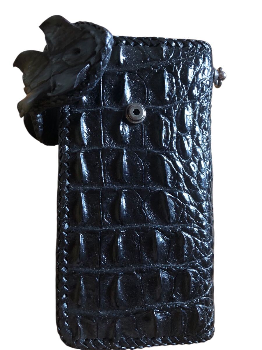 特別注文 新品未使用品 クロコダイル 背鰭 ライダース ウォレット 小銭入れ カード入れ 有り コンチョ 無し ハーレ バイク 長財布拍卖