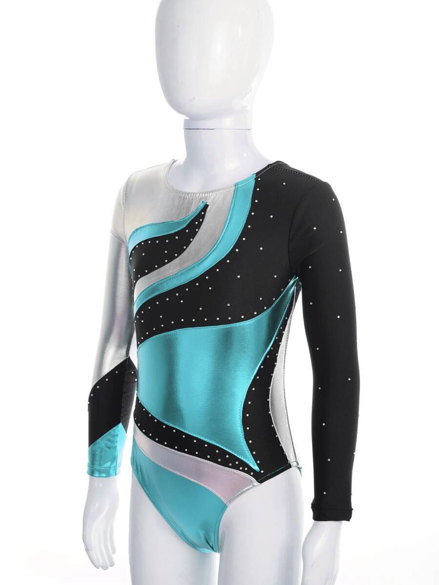 US16サイズ シルバー・黒・ライトブルー 光沢ブロンズクロス生地長袖レオタード丸首 ファッションパッチワーク ライトストーン付拍卖