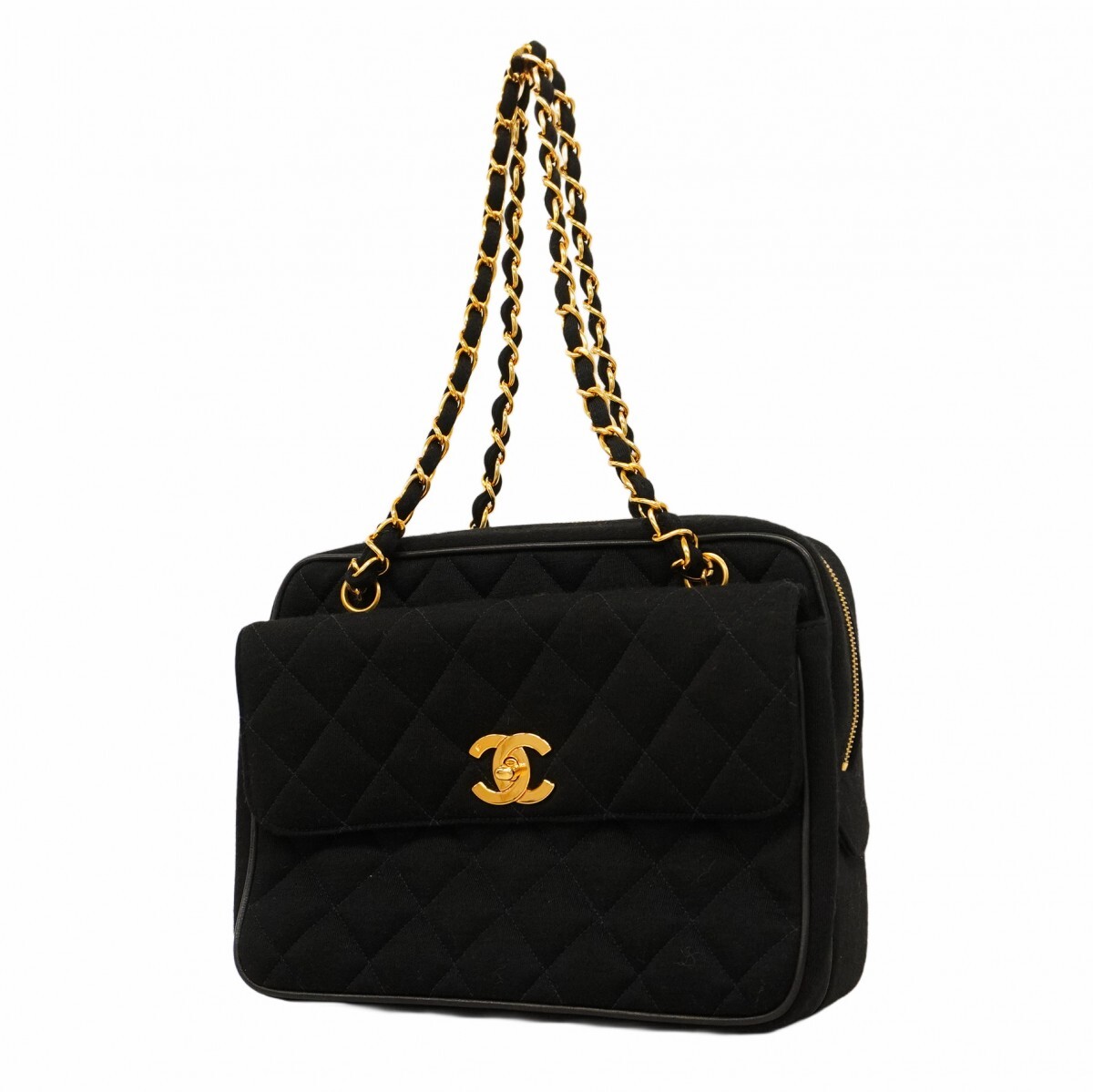 【5ge6586-h】シャネル ショルダーバッグ マトラッセ Wチェーン コットン ブラック ゴールド金具【中古】レディース拍卖