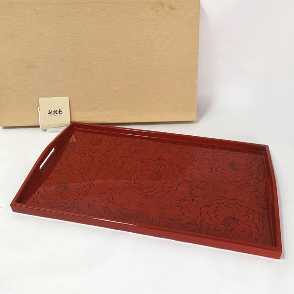 ★ 祖父江ジャパン 祖雅堂 漆器 祖雅堂 洗朱牡丹彫長手盆 F-138 (0220531739)拍卖