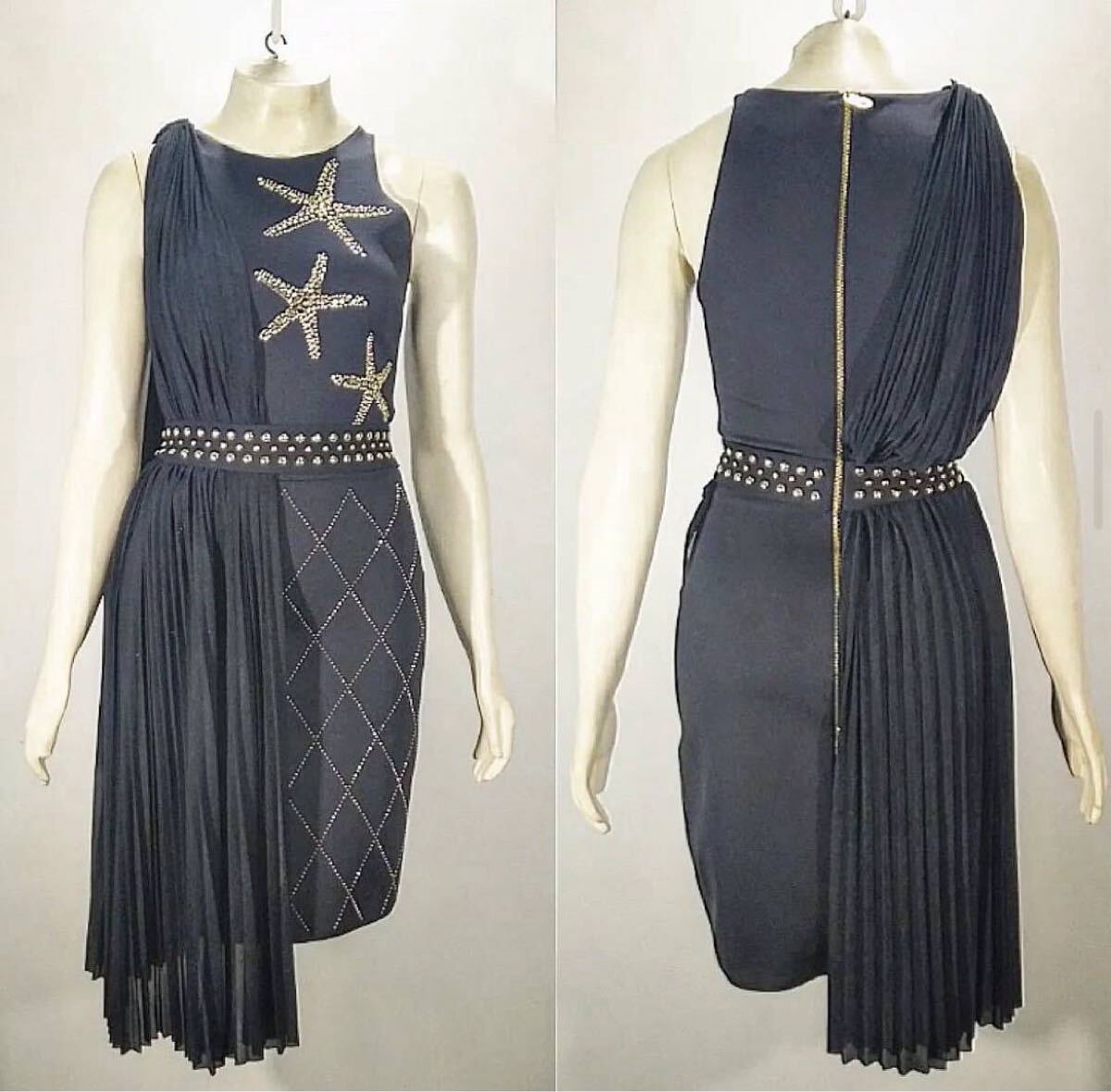 【美品】 VERSACE ヴェルサーチ ワンピース ノースリーブ ワンピース ドレス ブラック 黒 レディース スタッズ リボン A-1拍卖