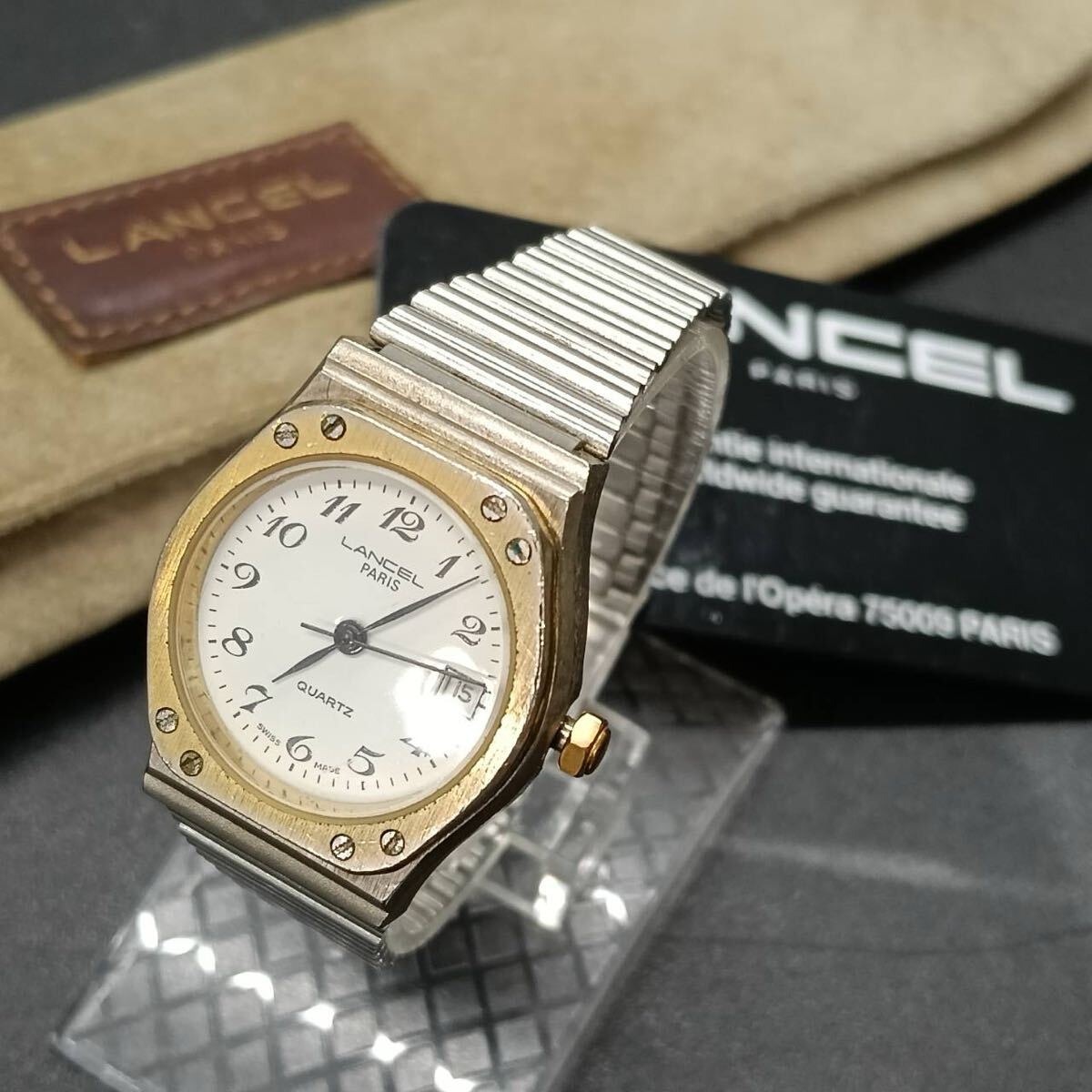 T229 【スイス製】 LANCEL ランセル 腕時計 5111 クウォーツ 3針 白文字盤 デイト アナログ ヴィンテージ アクセサリー シルバー色拍卖