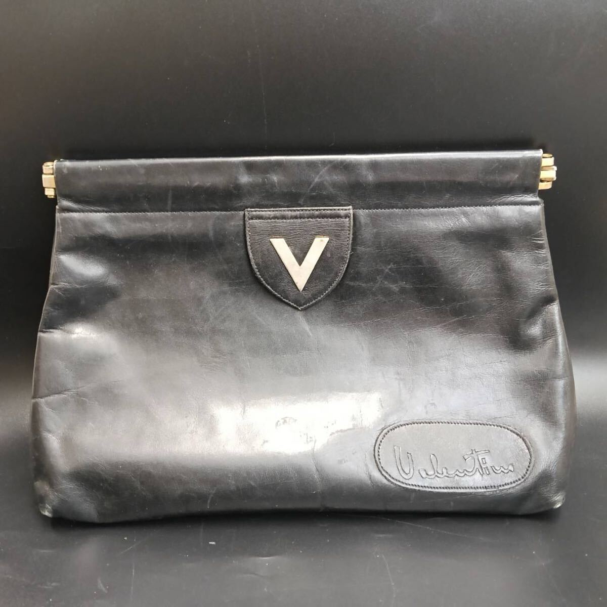 【レア】 マリオバレンティノ クラッチバッグ レザー ブラック 黒 Vロゴ金具 セカンド 書類鞄 ヴィンテージ レトロ 軽量 B-8拍卖