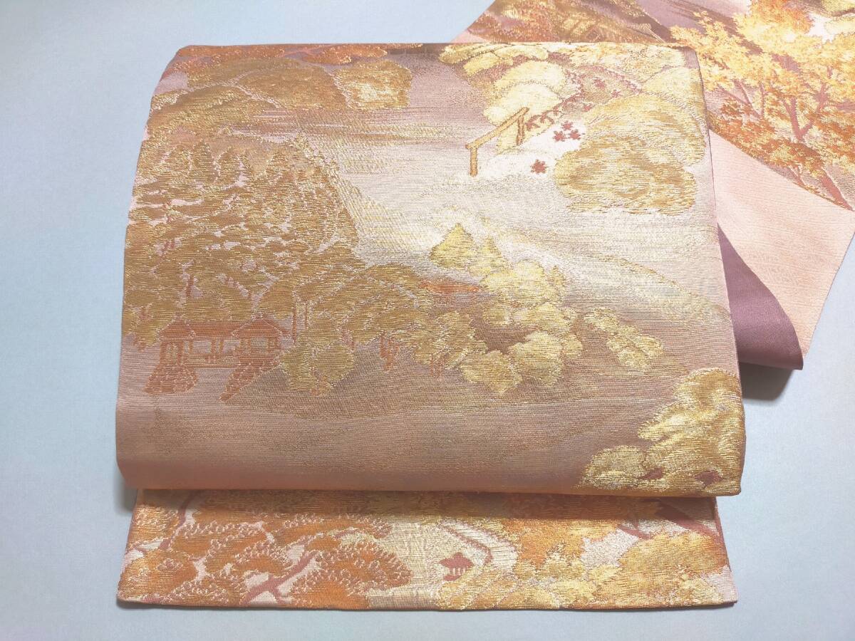 FB27 未使用 袋帯 正絹 六通柄 金糸 風景文様 長4m04cm拍卖
