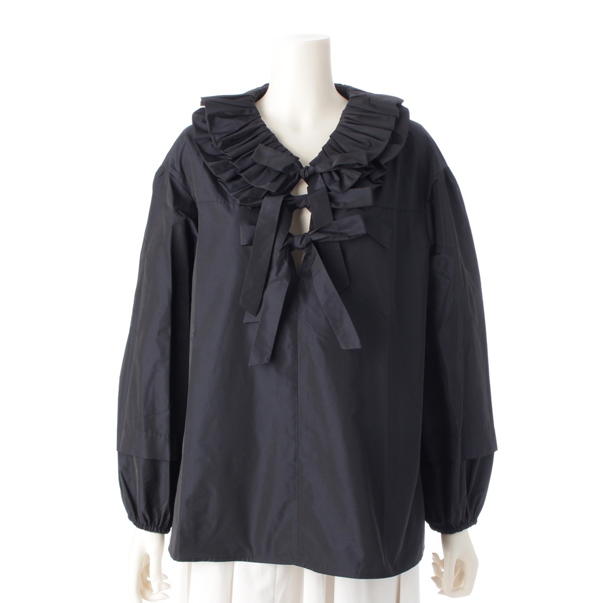 ドゥロワー 24SS シルク混 フリルリボン ブラウス 6521-299-1197 ブラック 36【中古】拍卖