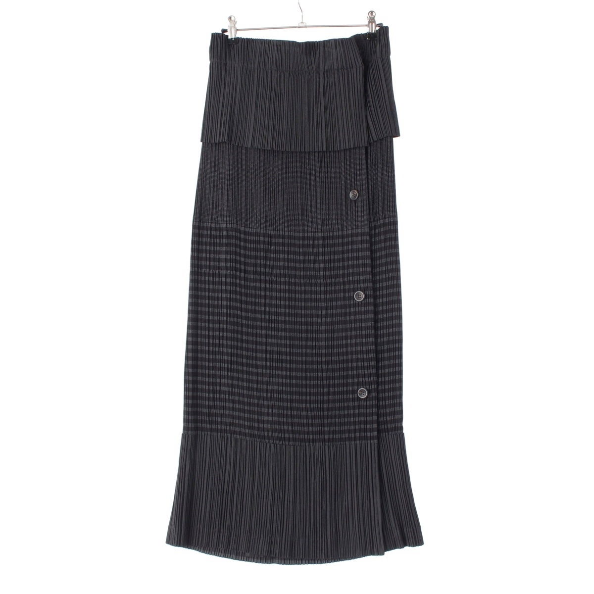 イッセイミヤケ 1998AW プリーツ 切替 ボタンデザイン ロング スカート IM84-FG911 ブラック ダークグレー L【中古】拍卖