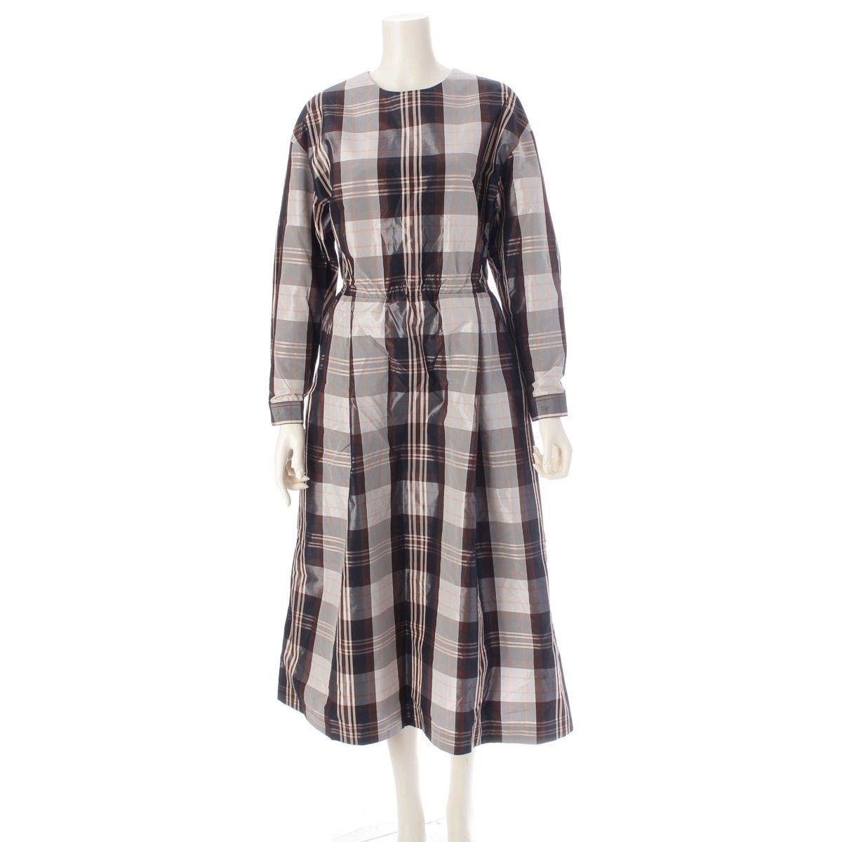 ドゥロワー 23AW ナイロン×シルク チェックタフタ バックギャザードレス ワンピース 6526-299-1406 マルチカラー 36【中古】拍卖