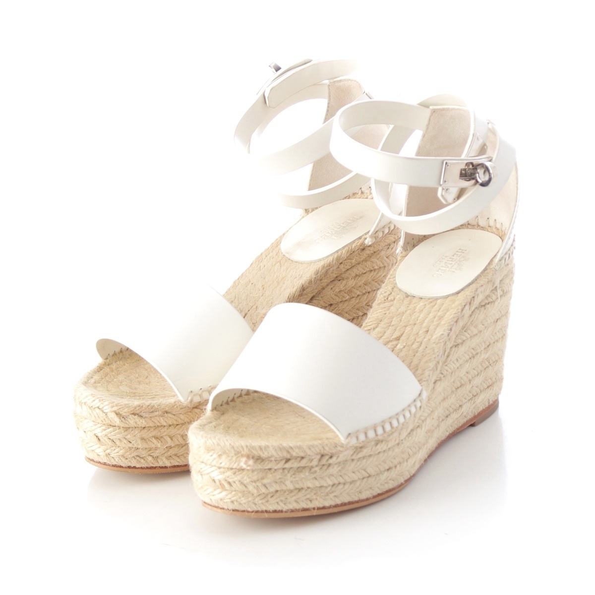 エルメス ティポリ レザー ケリー金具 ウェッジソール エスパドリーユ サンダル ホワイト 36【中古】拍卖
