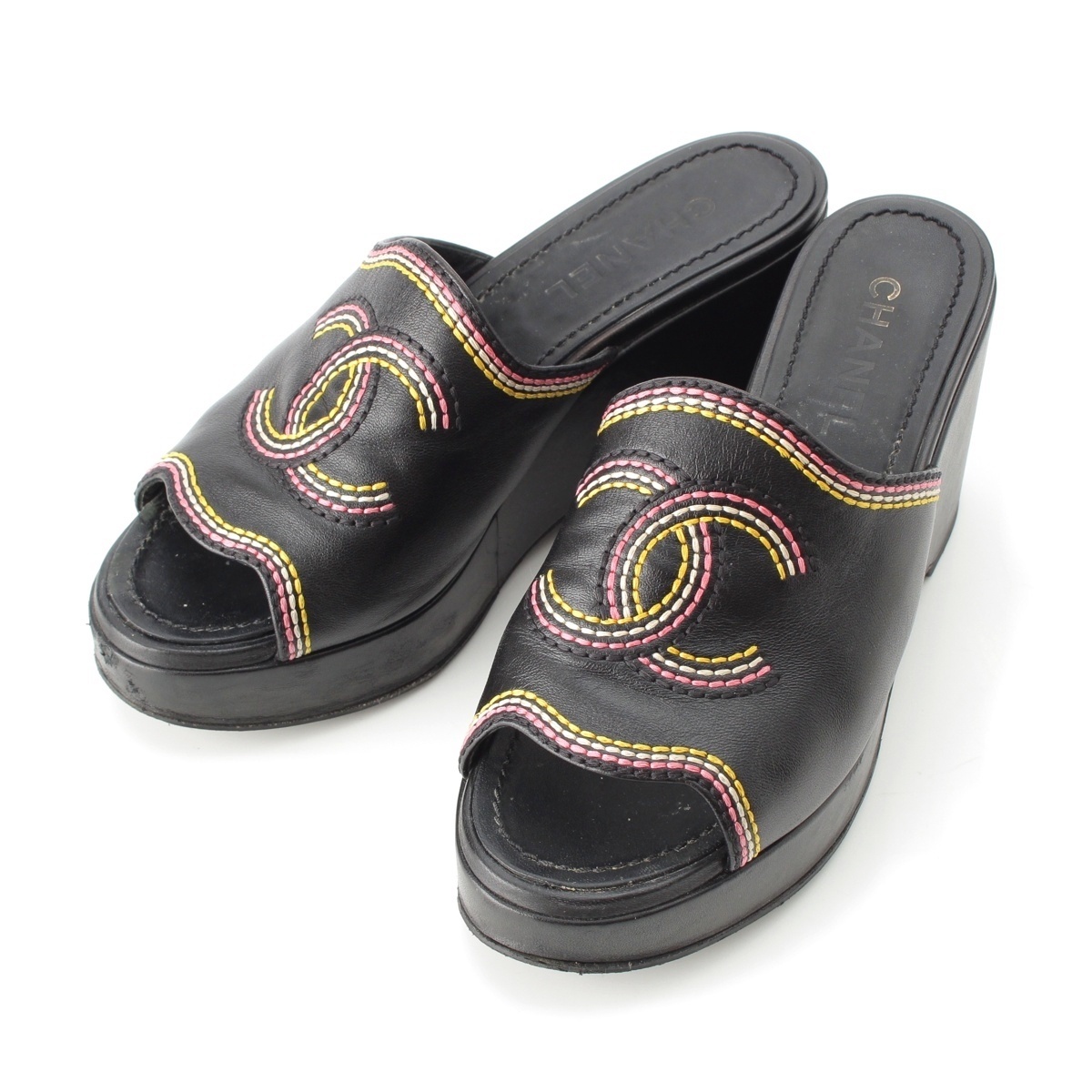 シャネル 21年 レザー ワイルドステッチ CC ココマーク ウェッジソール ヒール サンダル G37234 ブラック 38【中古】拍卖