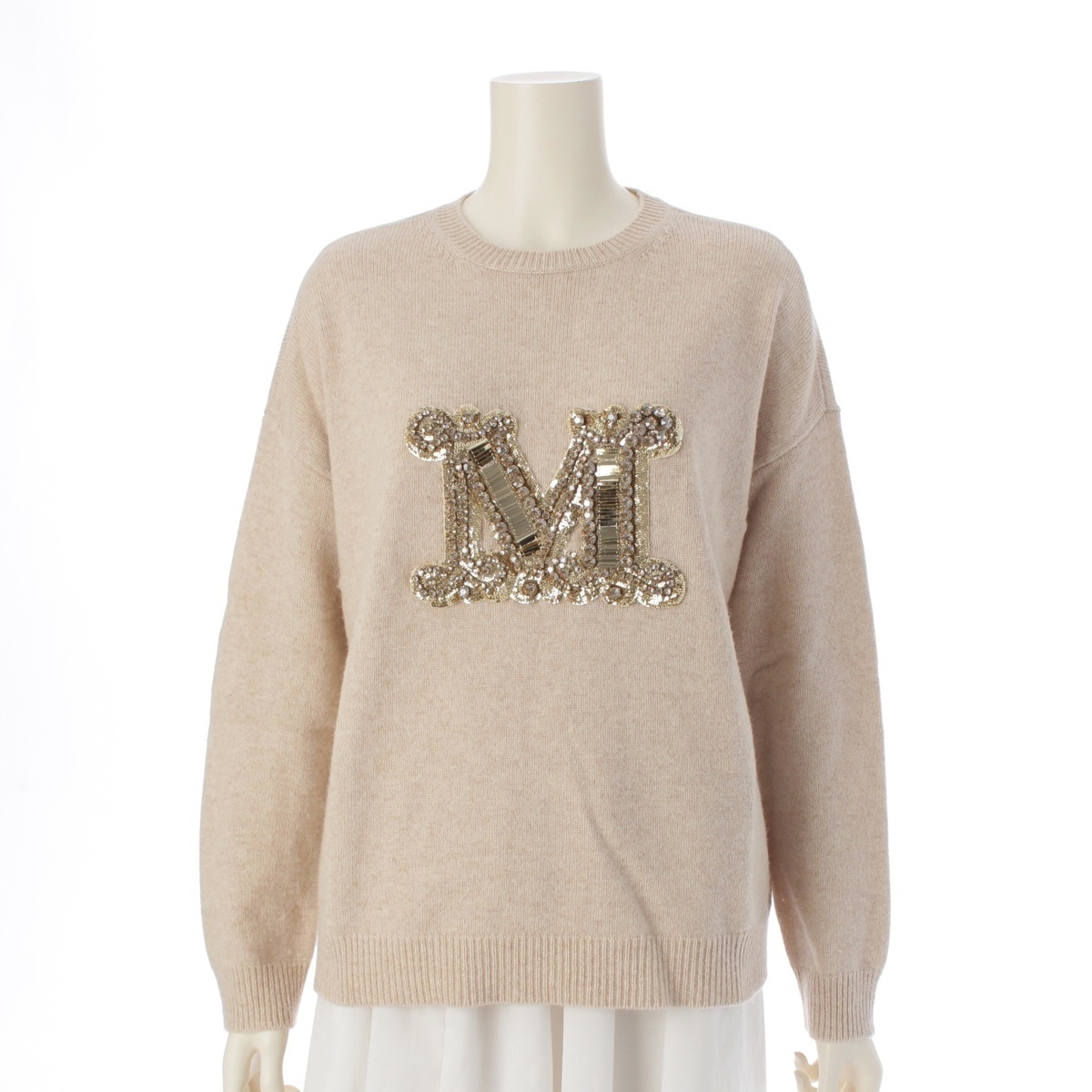 マックスマーラ 24年 ウール×カシミヤ VICOLO ビジュー 刺繍 セーター 2421366232 ベージュ S【中古】拍卖