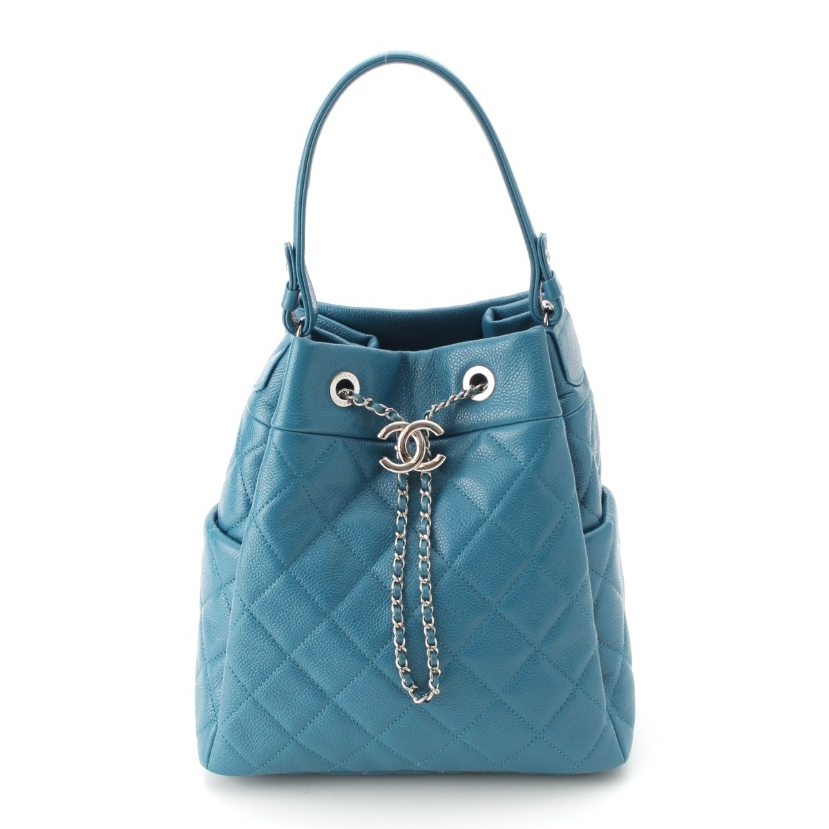 シャネル キャビアスキン マトラッセ ドローストリング 巾着 ハンドバッグ A91277 ブルー【中古】拍卖