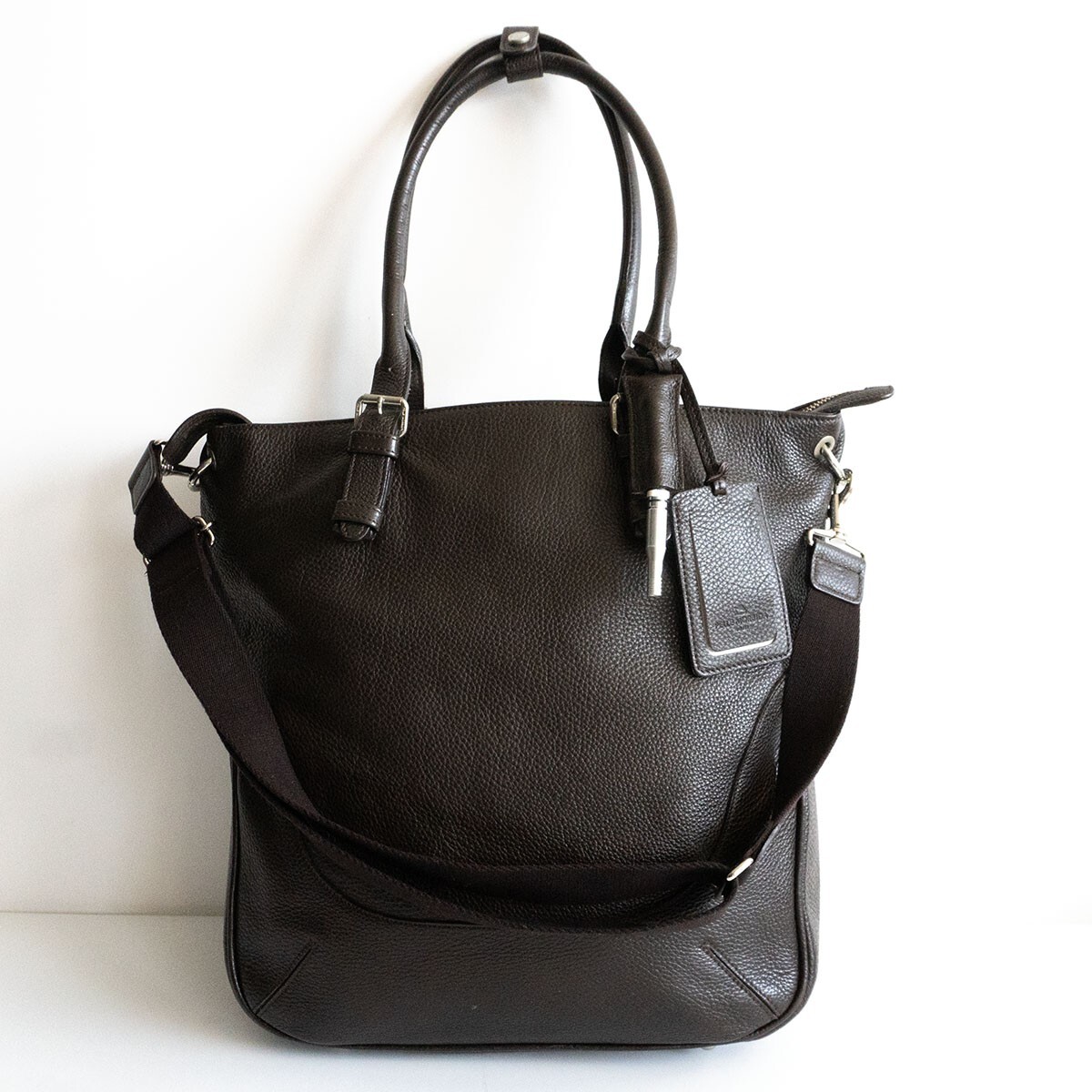 【美品】PELLE MORBIDA【Maiden Voyage 縦型 2WAY トートバッグ】ダークブラウン シュリンクレザー ビジネス バッグ25080628拍卖