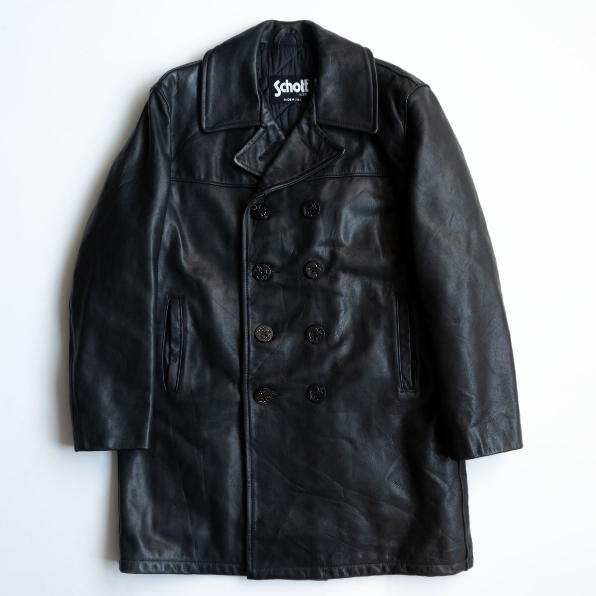 【美品】SCHOTT【レザー ピーコート】40 ブラック レザー アメリカ製 ショット 25080590拍卖