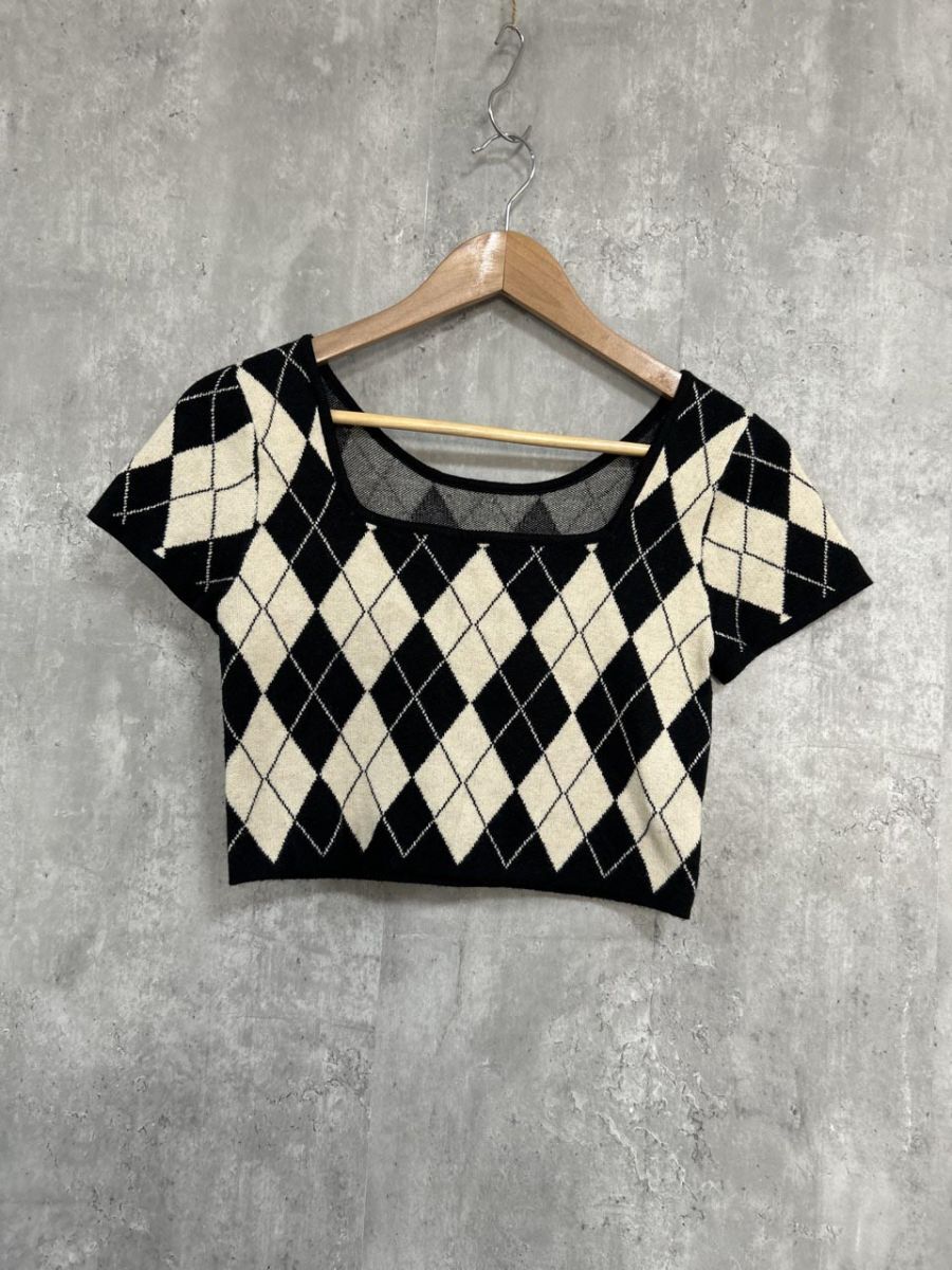 ネコポスOK chico チコ アーガイルジャガード半袖 ニット セーター sizeF/黒xベージュ ■◆ レディース拍卖