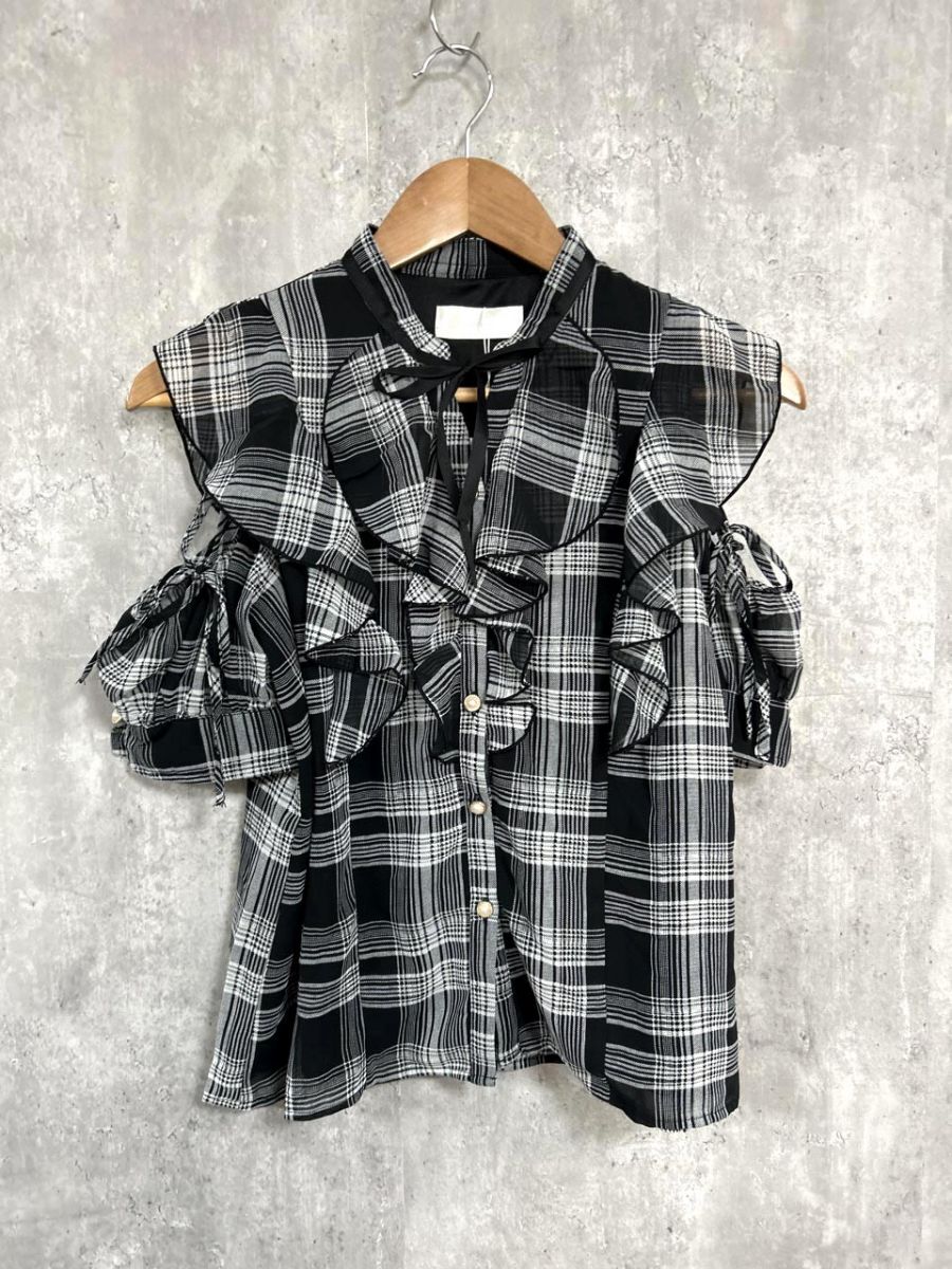 ネコポスOK 美品 abc une face アーベーセーアンフェイス 半袖 チェック フリル ブラウス シャツ sizeF/黒 ■◆ レディース拍卖