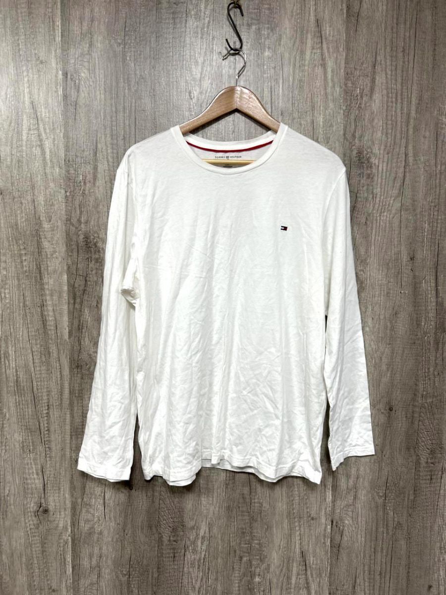 ネコポスOK TOMMY HILFIGER トミーヒルフィガー ワンポイント 刺繍ロゴ ロング Tシャツ sizeL/白 ■◇ メンズ拍卖